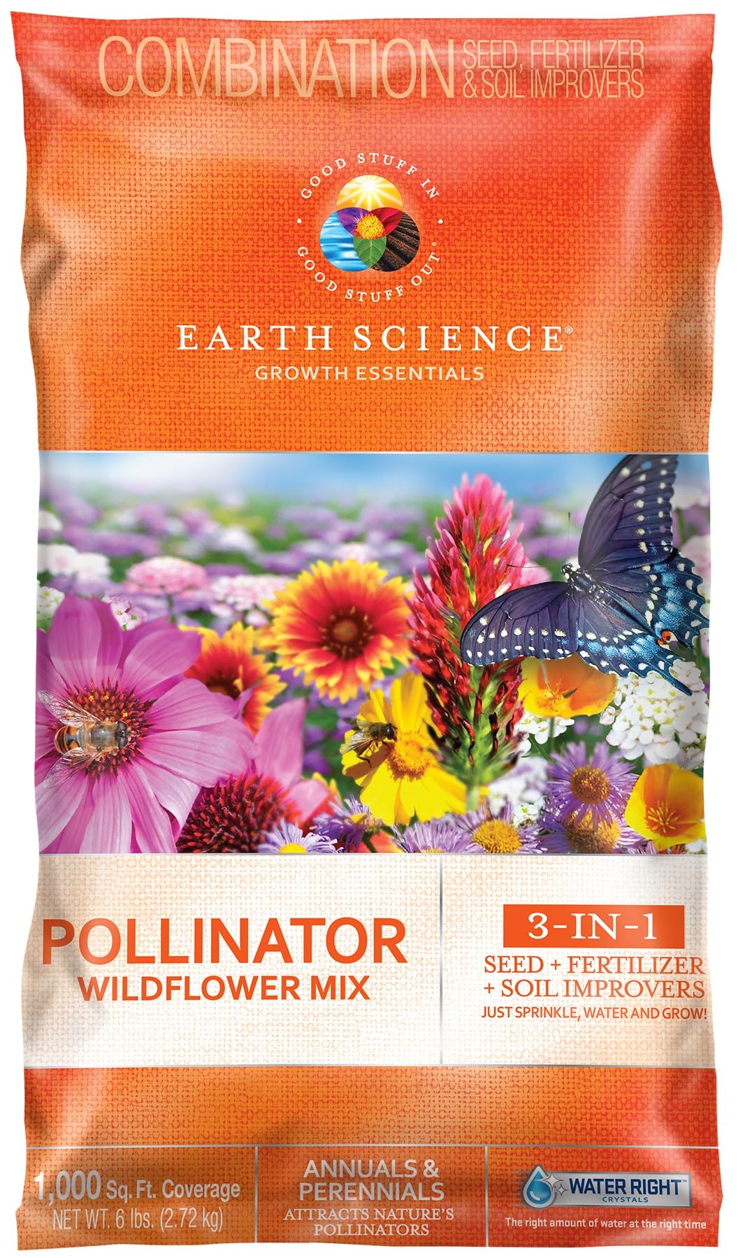 Earth Science Wildflower Pollinator Mix bag showing seeds for pollinator-friendly garden