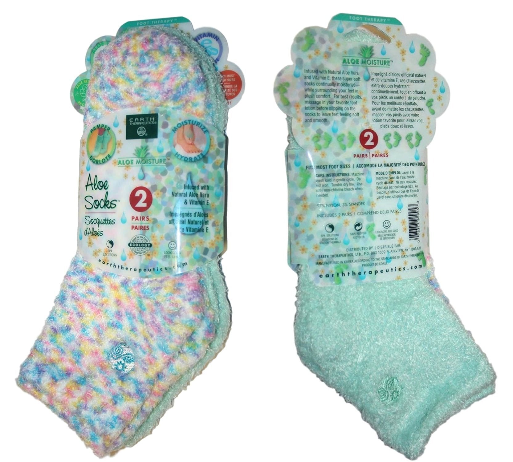 Earth Therapeutics Aloe Socks aqua pair for overnight moisturizing and pampering.