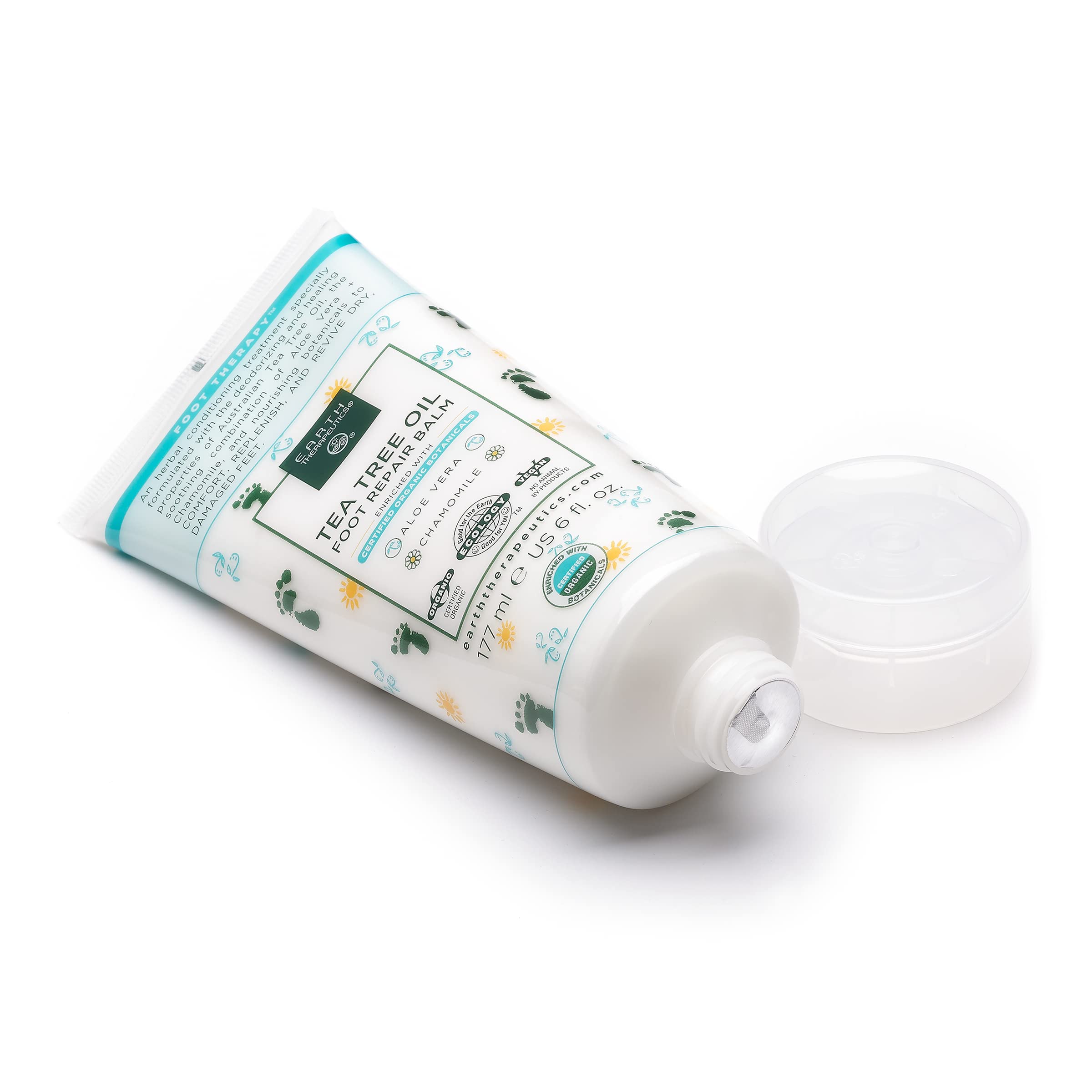 Earth Therapeutics Tea Tree Oil Foot Balm on feet to soften dry heels and calluses.