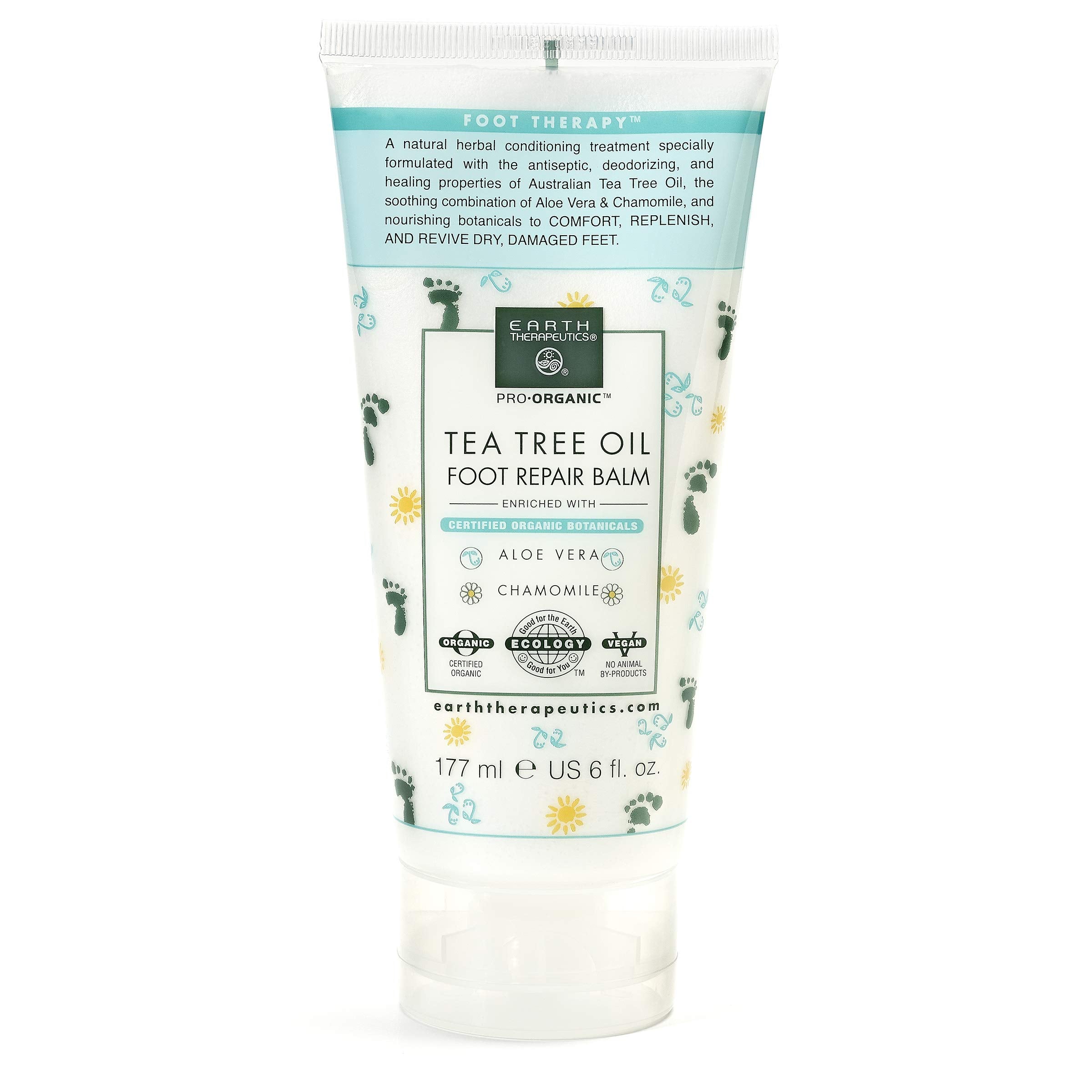 Earth Therapeutics Tea Tree Oil Foot Balm packaging shown for easy application and freshness.