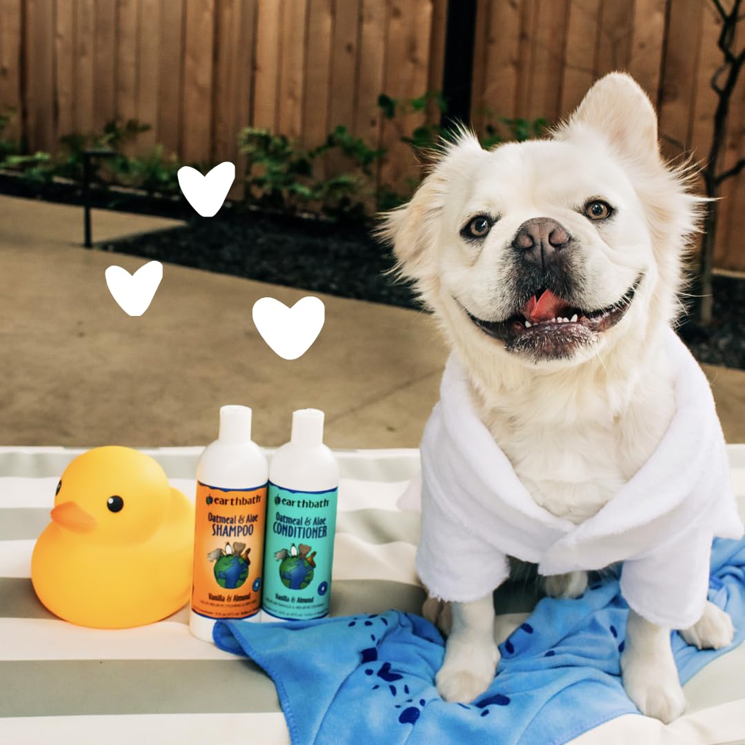 Earthbath Oatmeal and Aloe conditioner pour illustrates easy, mess-free application.