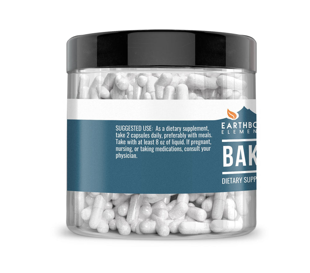 Close-up of Earthborn Elements capsules; pure sodium bicarbonate with no additives for reliable baking.