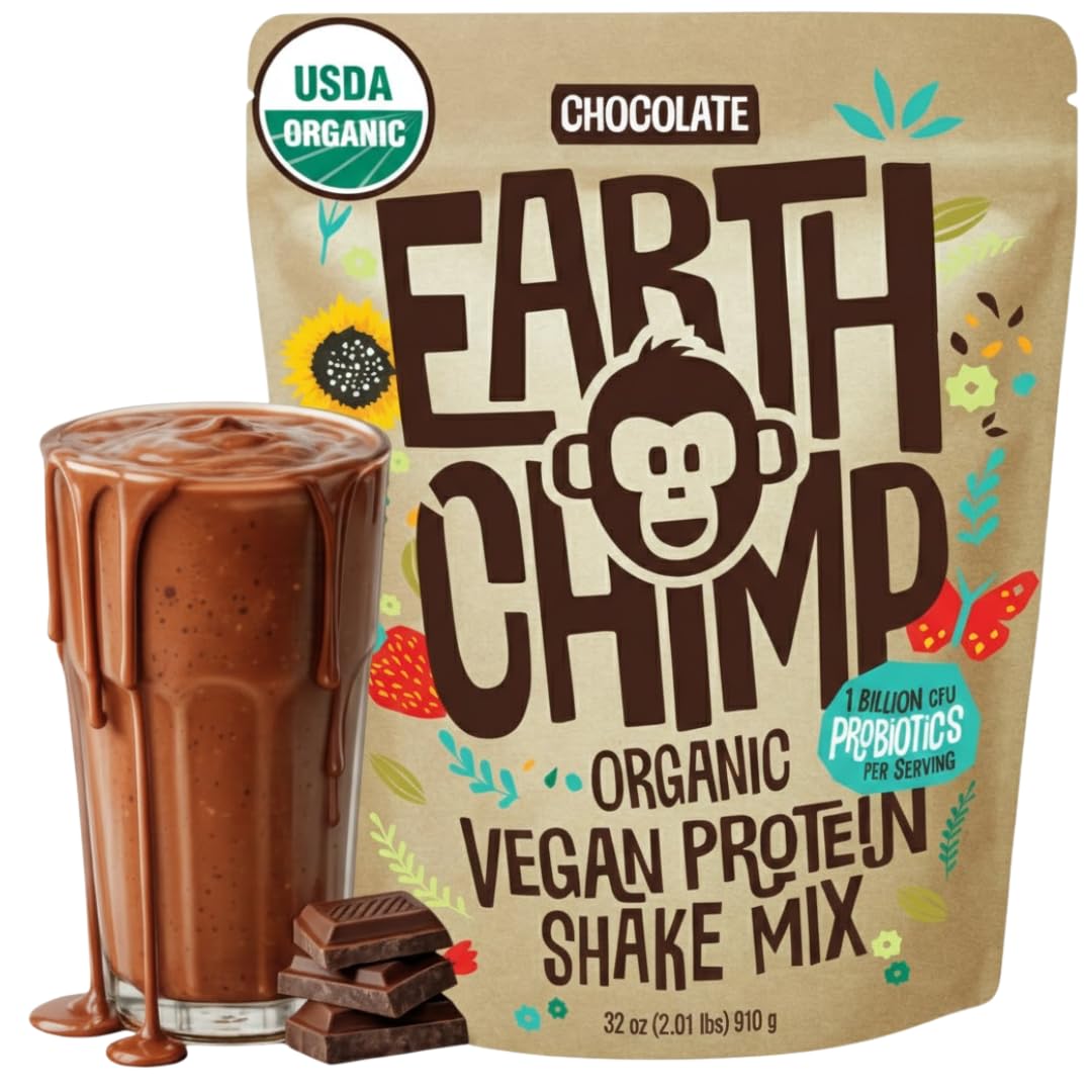 EarthChimp Organic Vegan Protein Powder chocolate bottle front for dairy-free daily protein