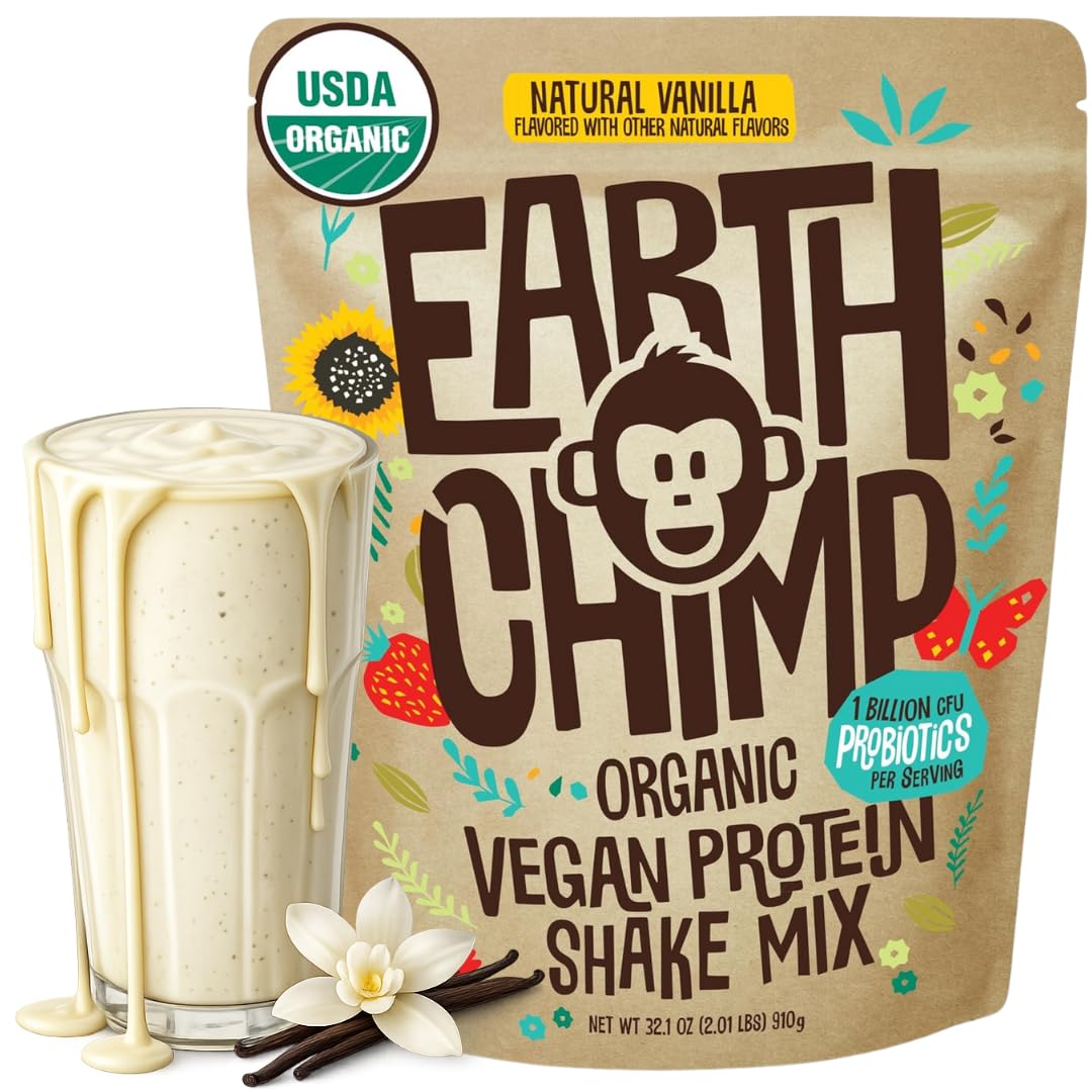 EarthChimp vanilla organic vegan protein powder bottle for plant-based meals.