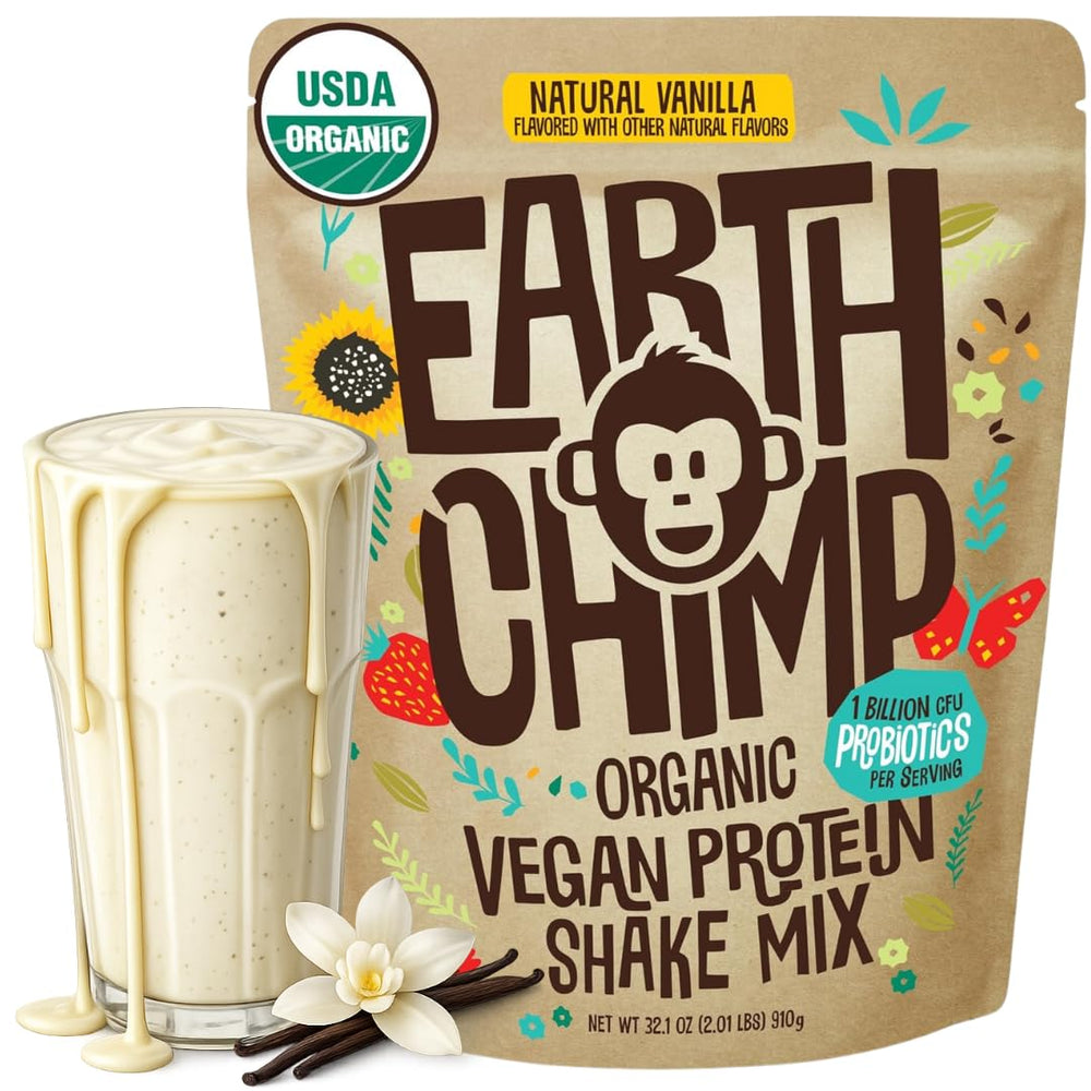 EarthChimp vanilla organic vegan protein powder bottle for plant-based meals.
