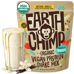 EarthChimp vanilla organic vegan protein powder bottle for plant-based meals.
