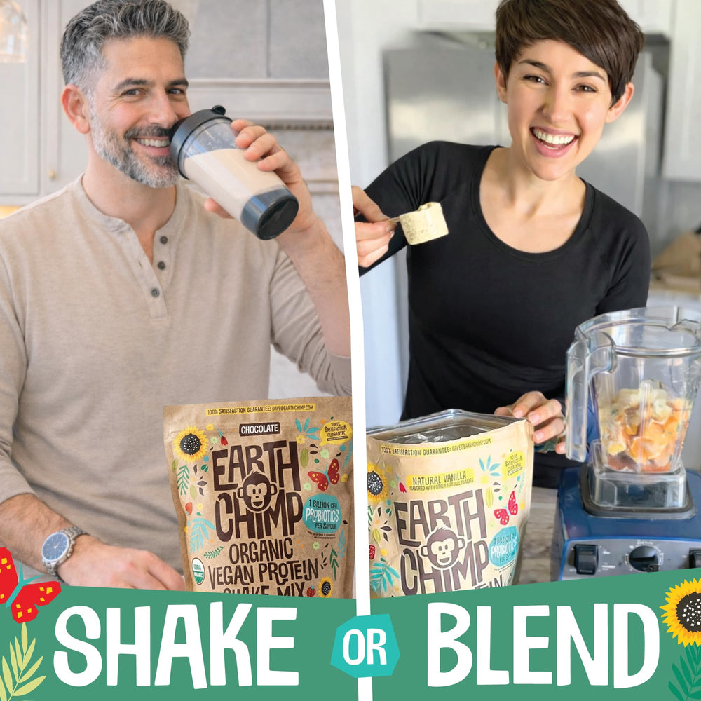 EarthChimp vanilla protein powder served in a bowl inspires quick smoothie ideas.