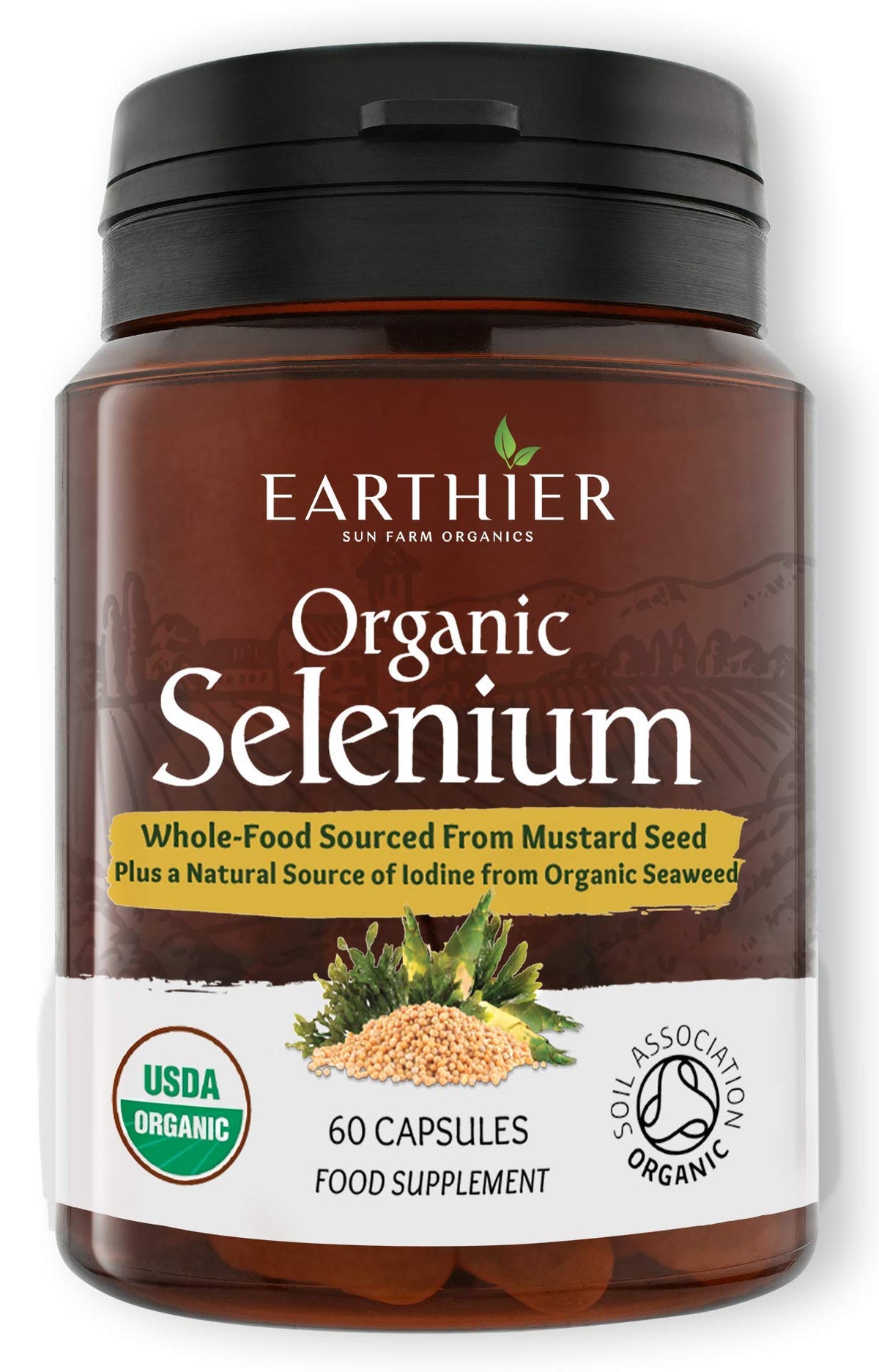 Earthier Organic Selenium bottle shows the dose for daily wellness routine.