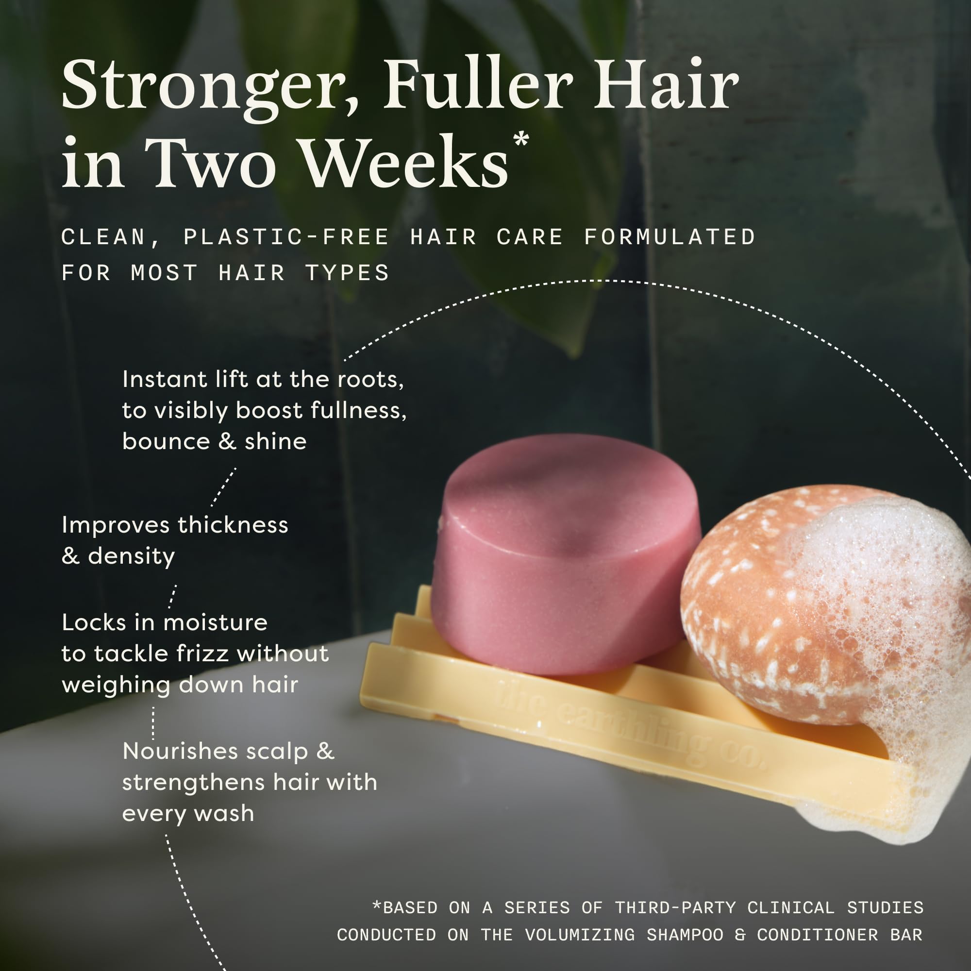 The Earthling Co. voluminizing conditioner bar packaging emphasizes vegan formula for gentle fullness