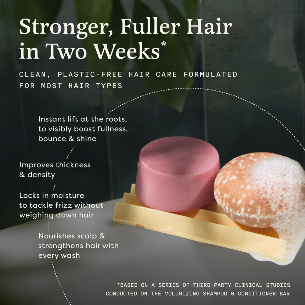 The Earthling Co. voluminizing conditioner bar packaging emphasizes vegan formula for gentle fullness