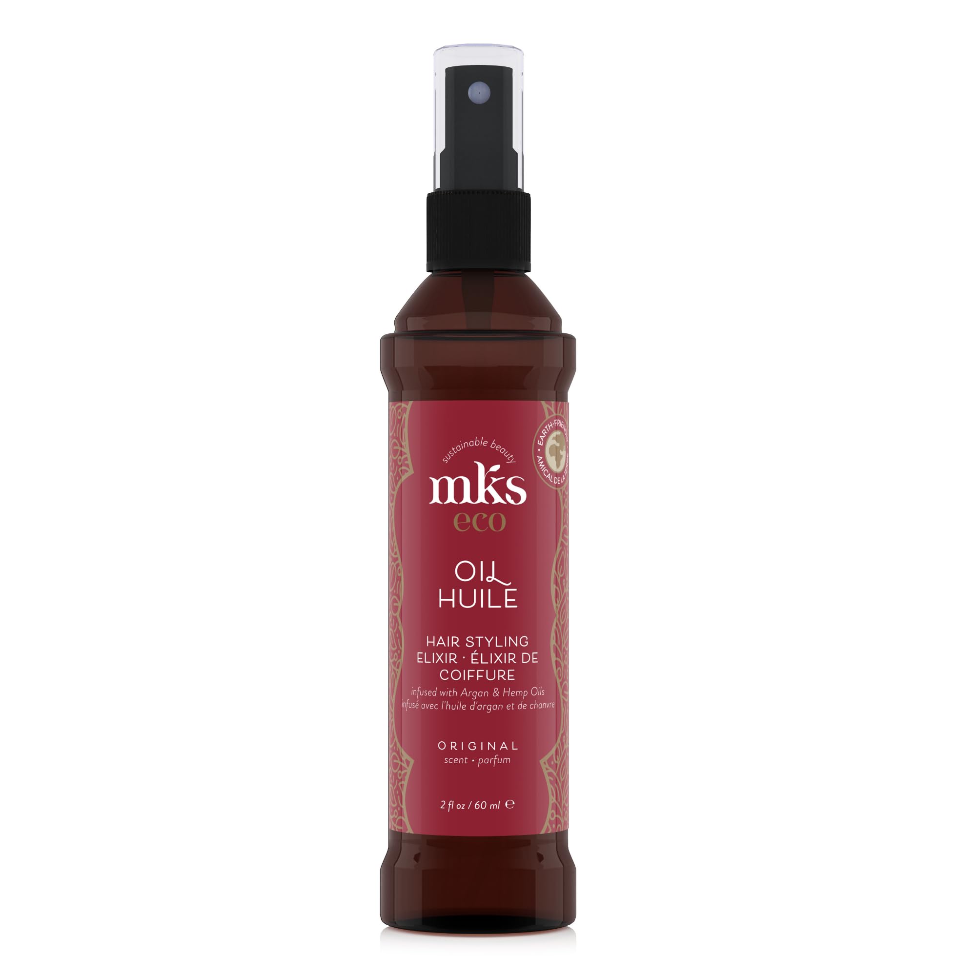 Earthly Body MKS eco Oil Original bottle close-up for nourished, silky hair