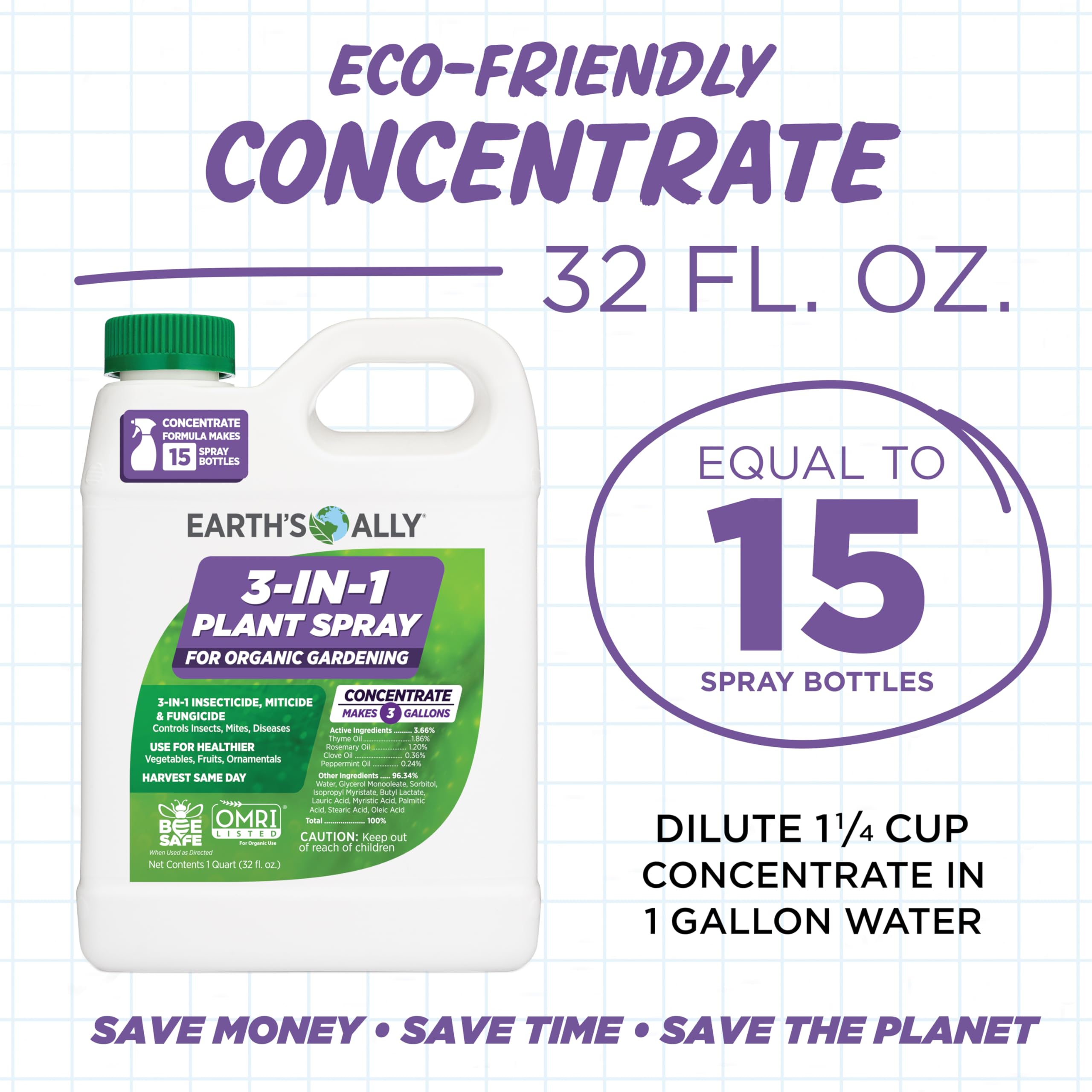 Earth's Ally plant spray pour shows controlled, spreadable mist for outdoor use.