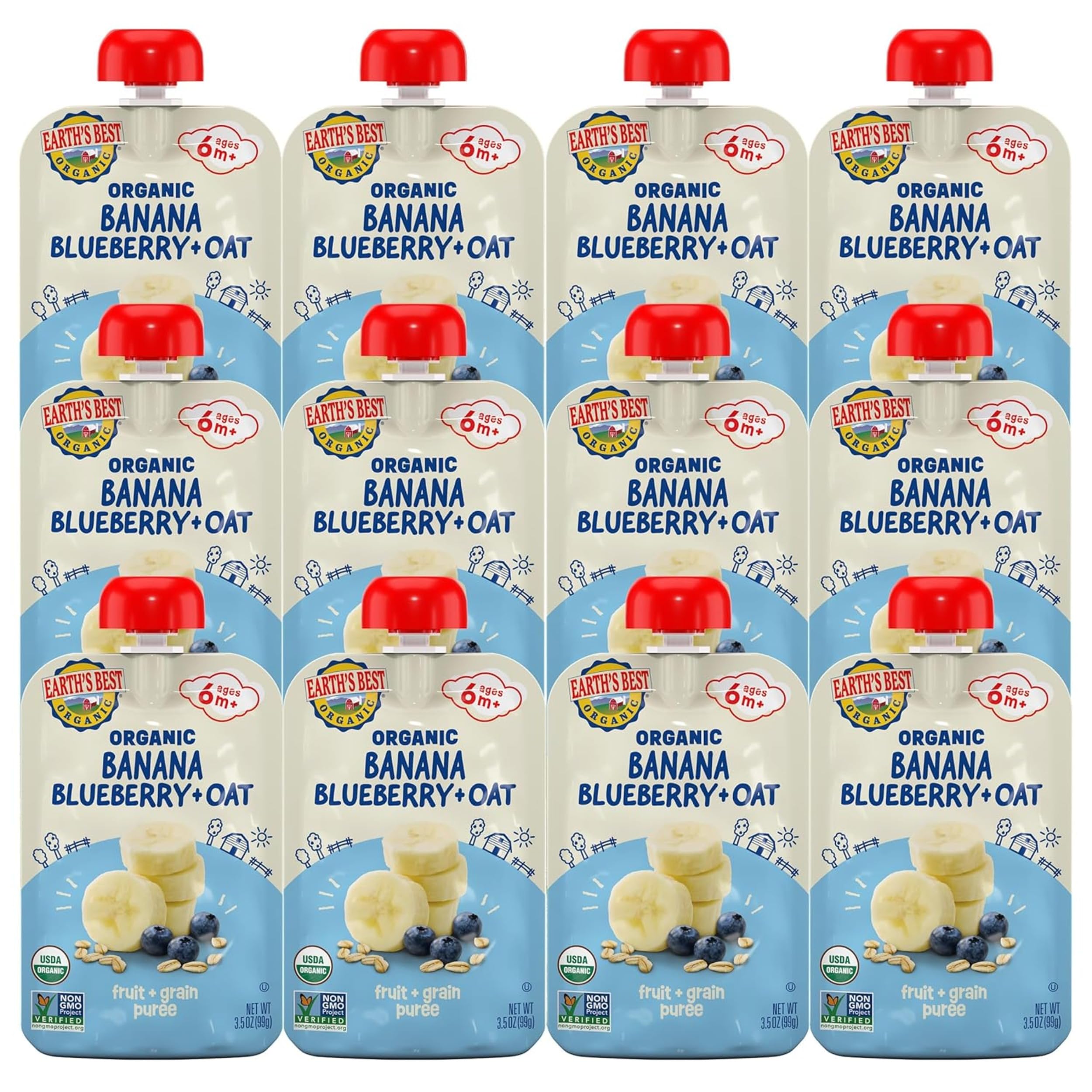 Earth's Best Banana Blueberry Oat Purée pouch for on-the-go feeding and a tasty breakfast option