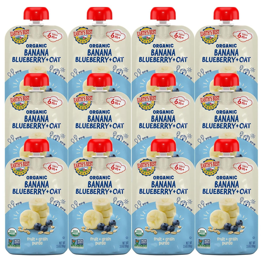 Earth's Best Banana Blueberry Oat Purée pouch for on-the-go feeding and a tasty breakfast option