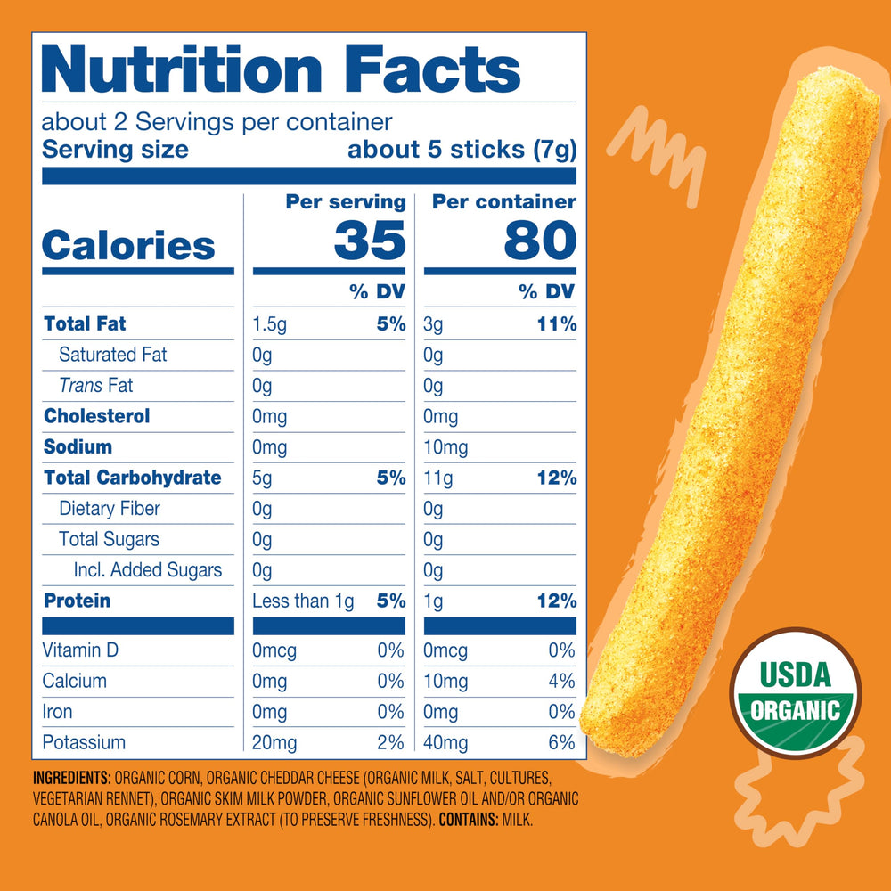 Earth's Best cheddar cheese crunchy sticks closeup, dissolvable texture supports teething comfort.