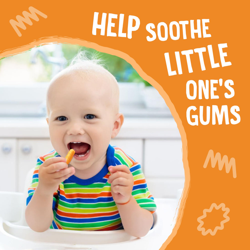 Earth's Best cheddar cheese crunchy sticks dissolving texture in bowl, easy-to-eat for babies.