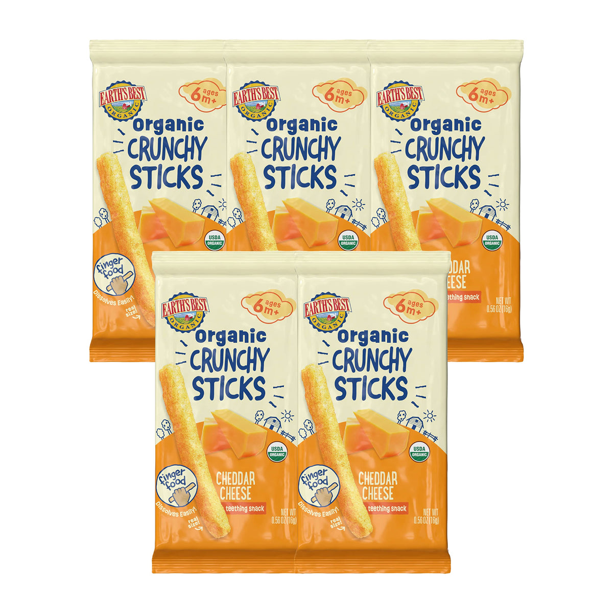 Earth's Best cheddar cheese crunchy sticks pack-5 shown, convenient teething snack for babies.