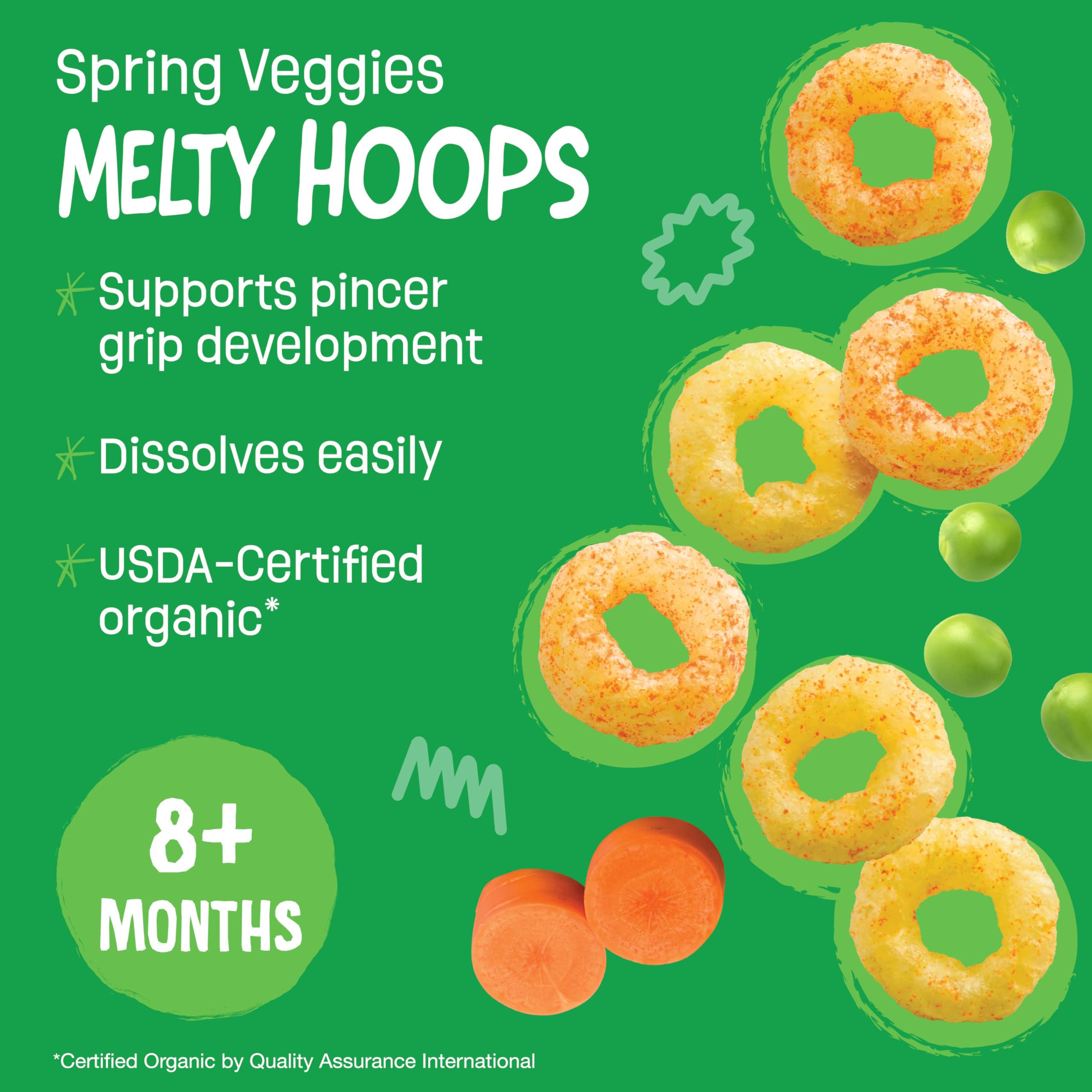 Earth's Best Melty Hoops dissolving texture demonstrates safe self-feeding for babies 8 months and up
