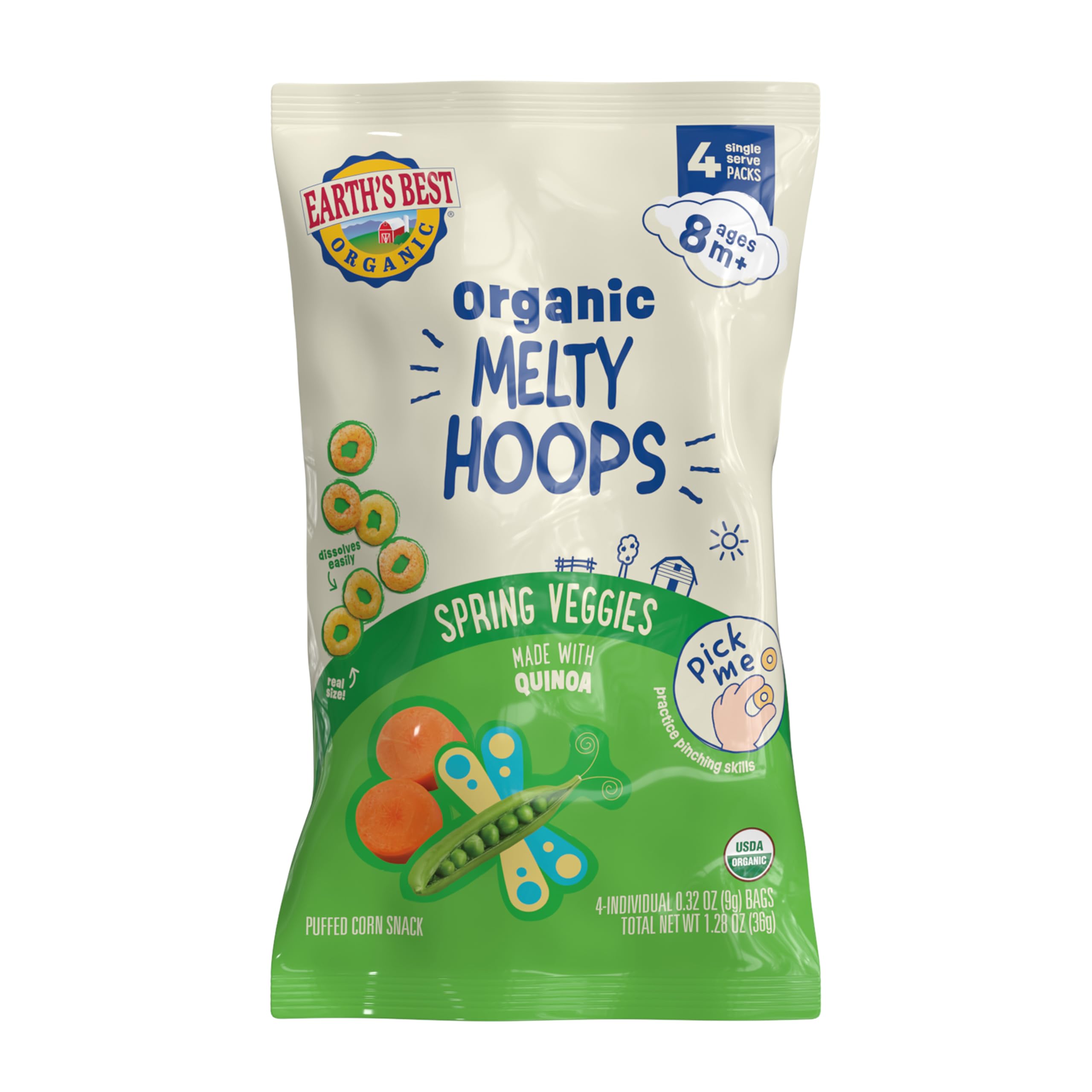 Earth's Best Melty Hoops Spring Veggie packaging shows organic ring snacks for on-the-go meals