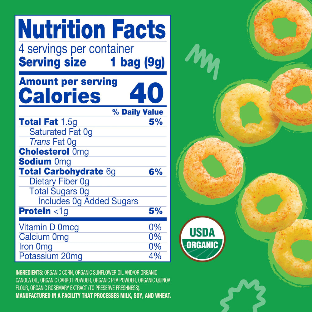 Earth's Best Melty Hoops Spring Veggie snack closeup highlights real veggies in kid-friendly form