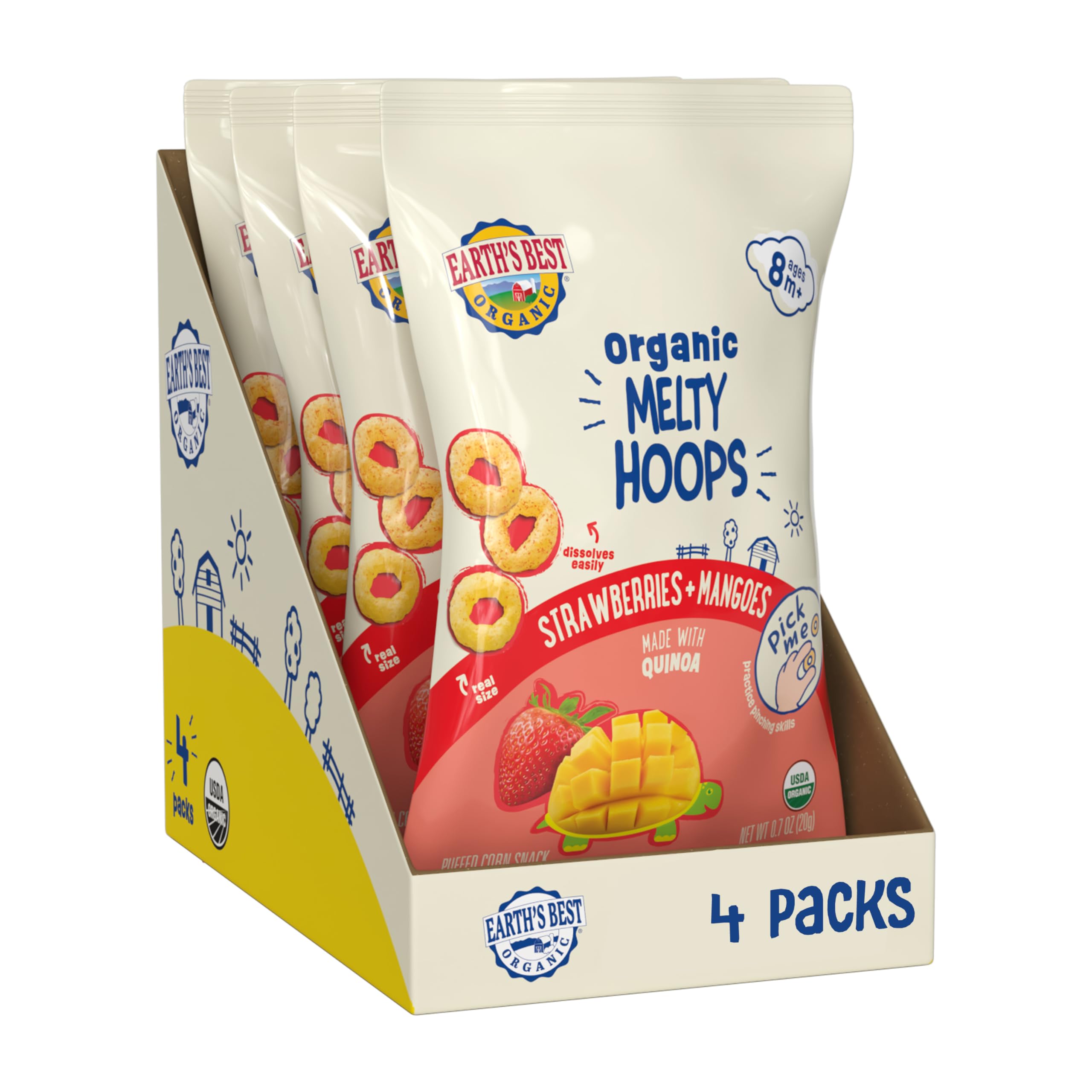 Earth's Best Melty Hoops bag front for babies, strawberry-mango flavor, great for self-feeding.