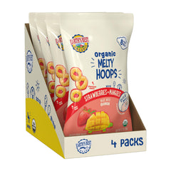 Earth's Best Melty Hoops bag front for babies, strawberry-mango flavor, great for self-feeding.