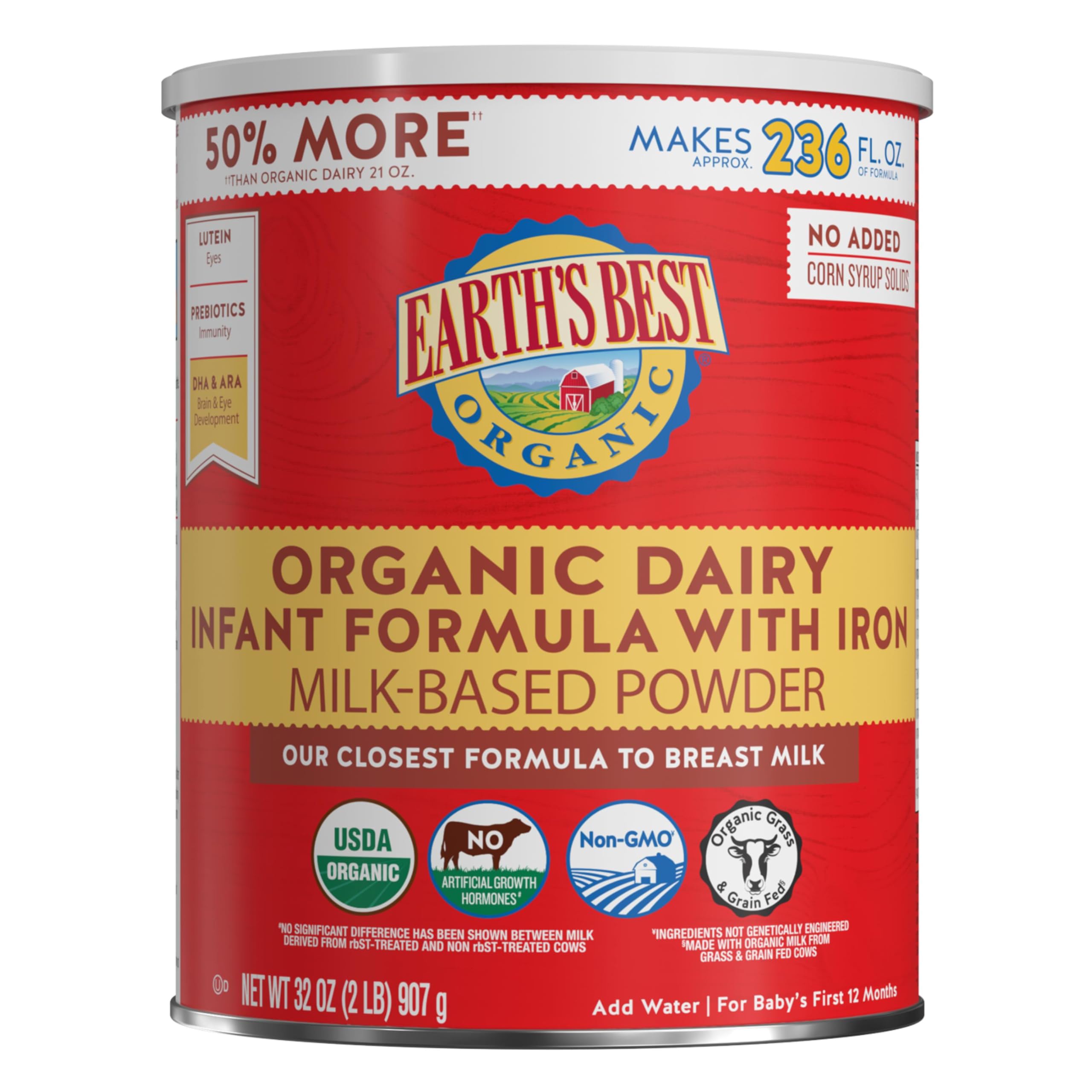 Earth's Best Organic Baby Formula dairy with iron and DHA shown for growing babies