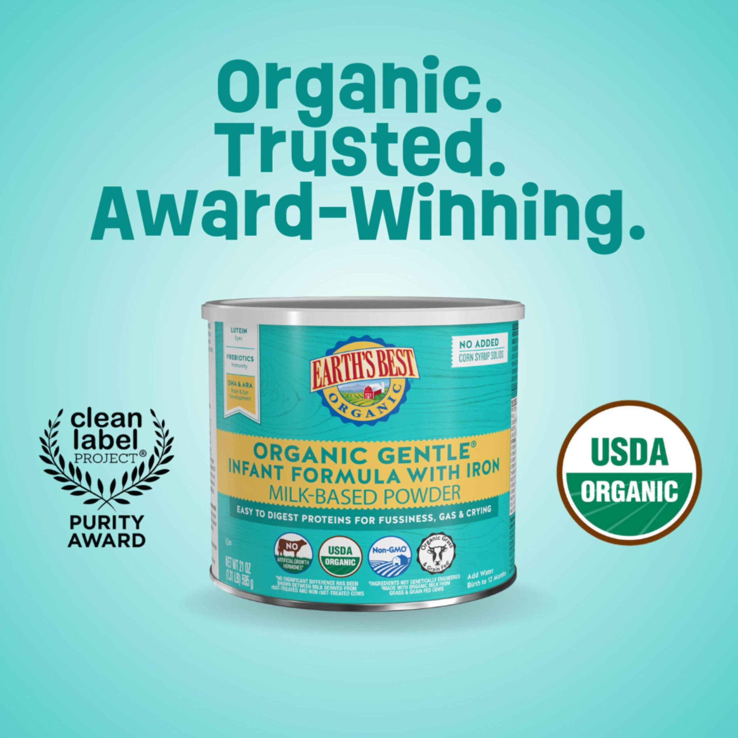 Earth's Best Organic Baby Formula nutrition label highlights iron, DHA, and ARA