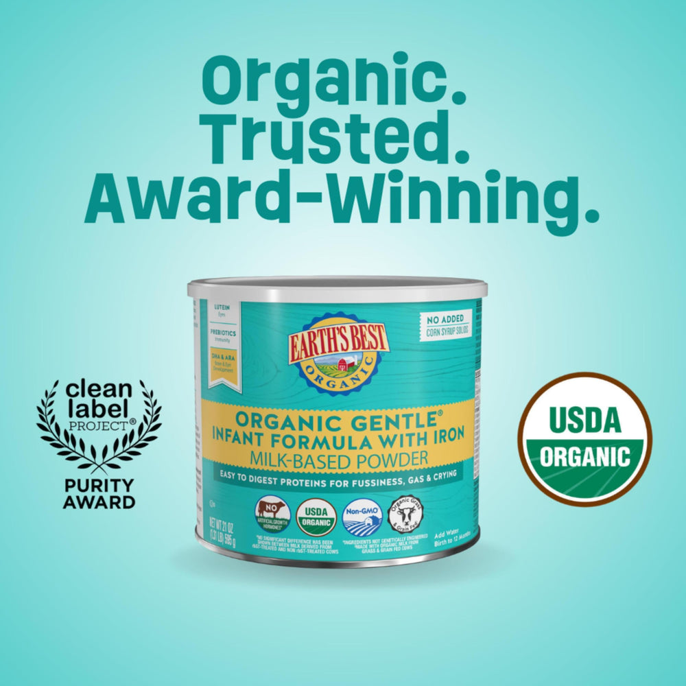 Earth's Best Organic Baby Formula nutrition label highlights iron, DHA, and ARA