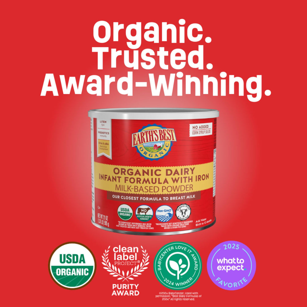 Earth's Best Organic Baby Formula pouring bottle illustrating easy prep and gentle feeding
