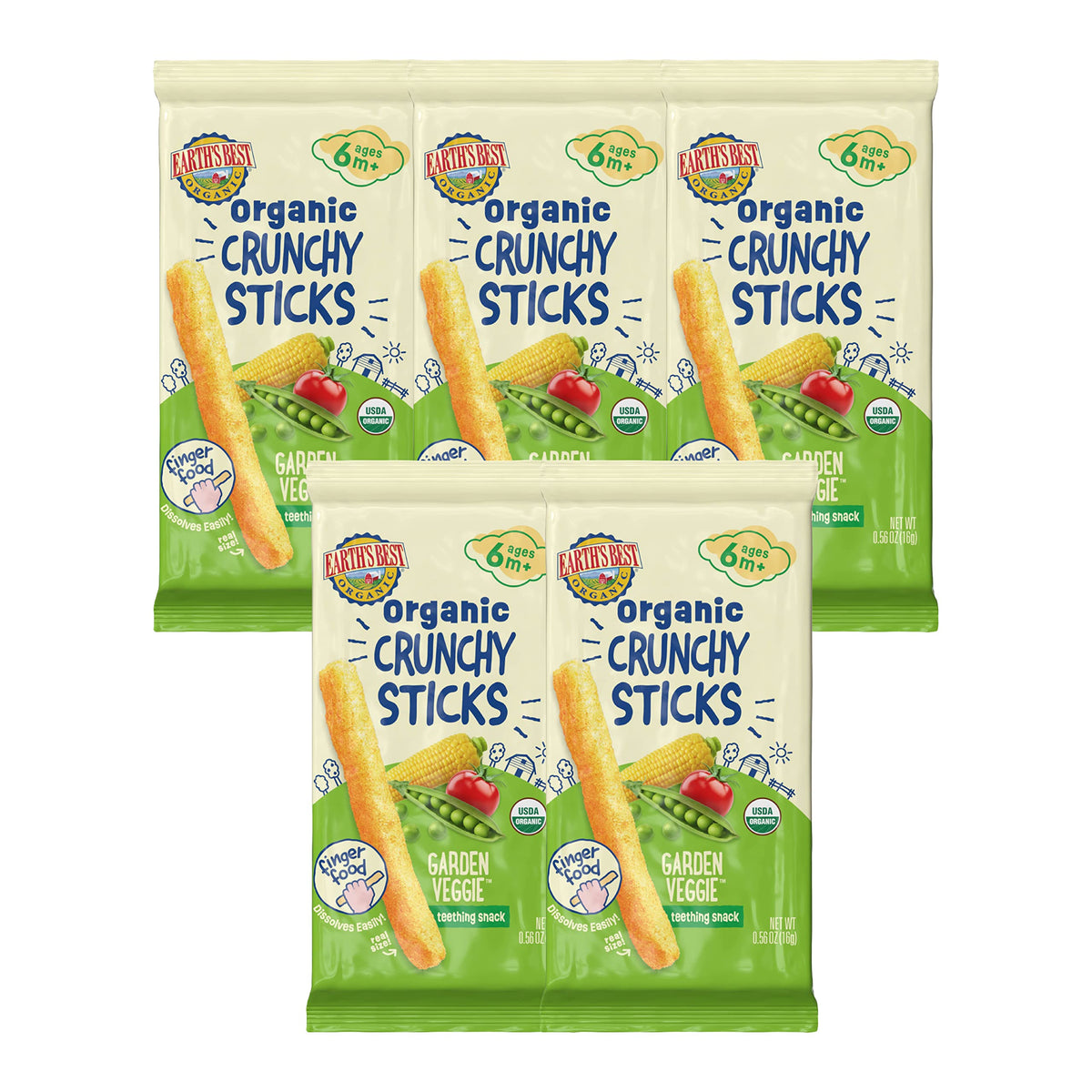 Earth's Best Organic Crunchy Sticks Garden Veggie pack close-up; organic self-feeding snack