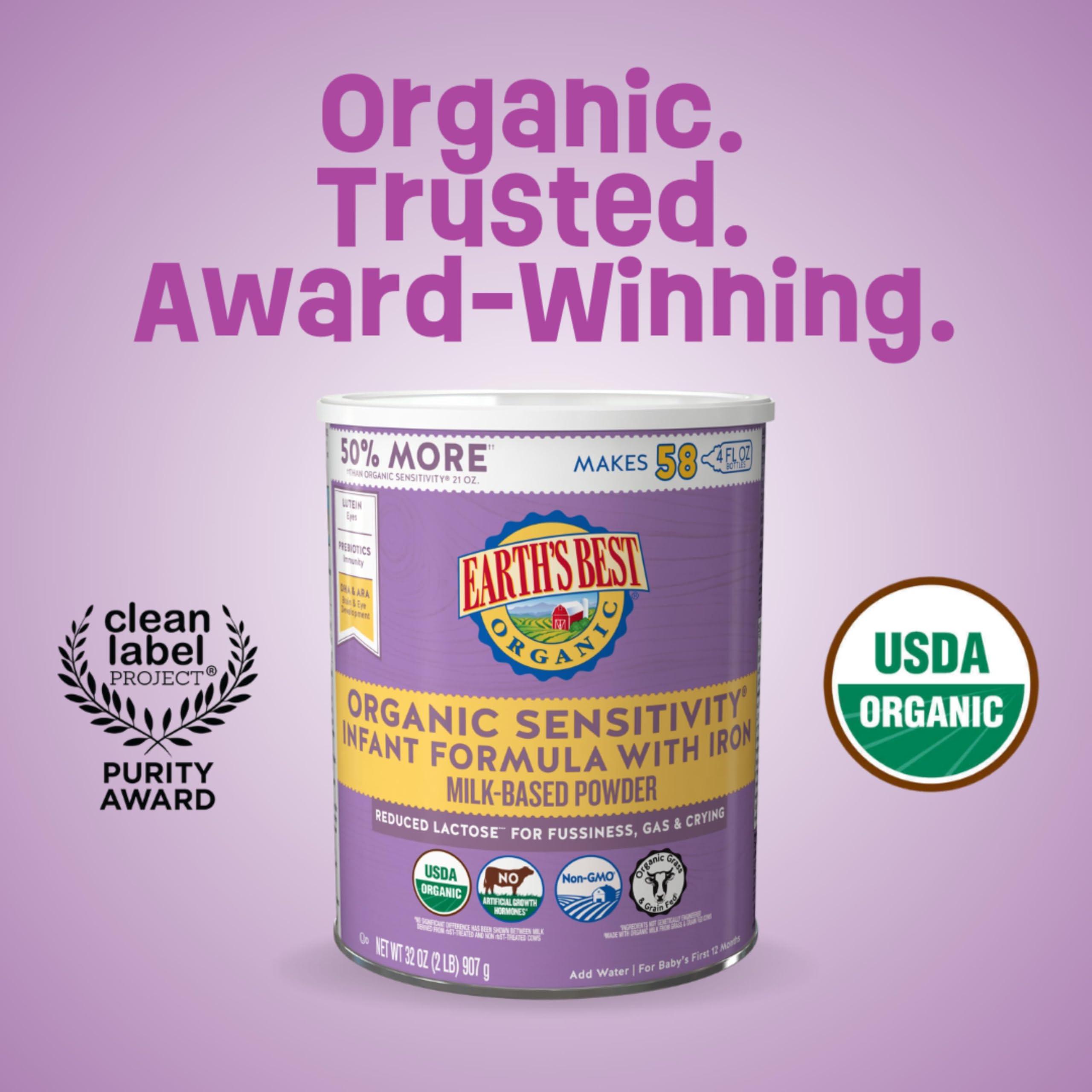 Earth's Best Organic Sensitivity Infant Formula label highlights organic milk and iron fortification for growth.