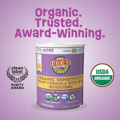 Earth's Best Organic Sensitivity Infant Formula label highlights organic milk and iron fortification for growth.