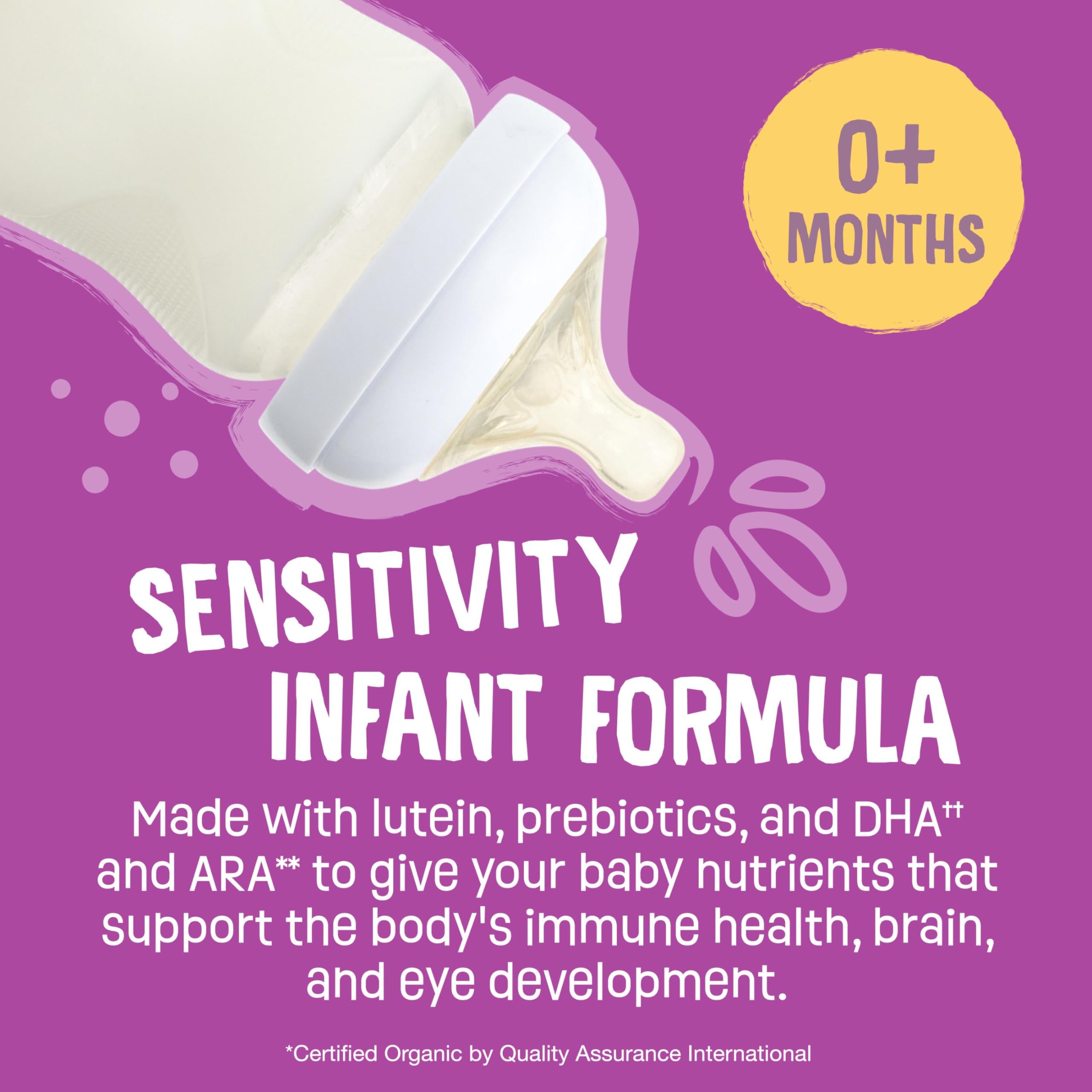 Earth's Best Organic Sensitivity Infant Formula pour, easy prep and quick bottle mixing.
