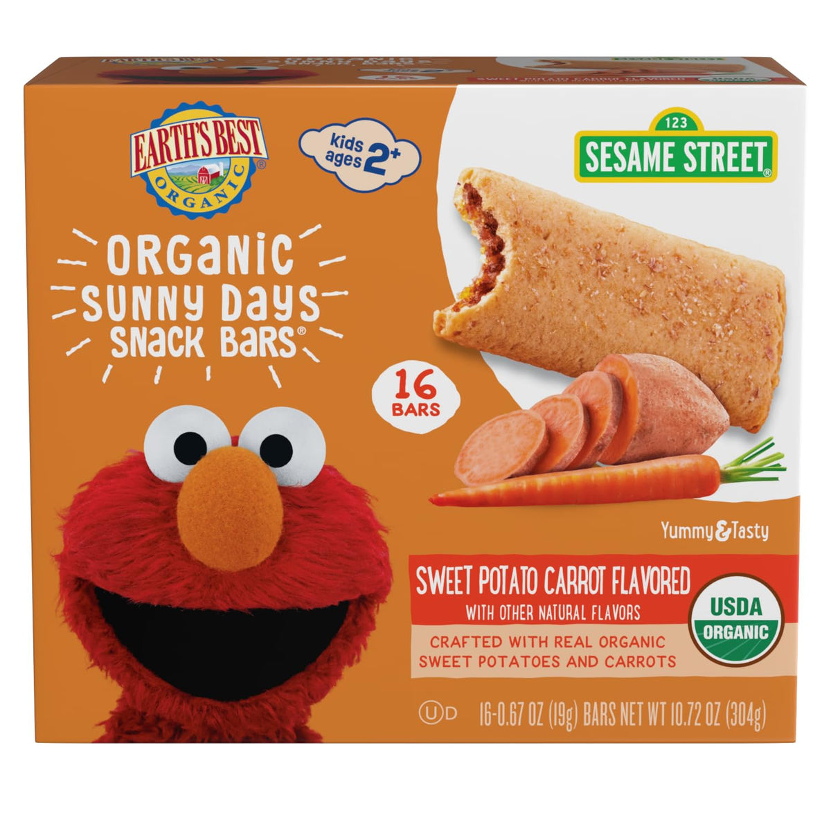 Earth's Best Organic Sunny Days snack bars box front, kid-friendly packaging for quick toddler snacking