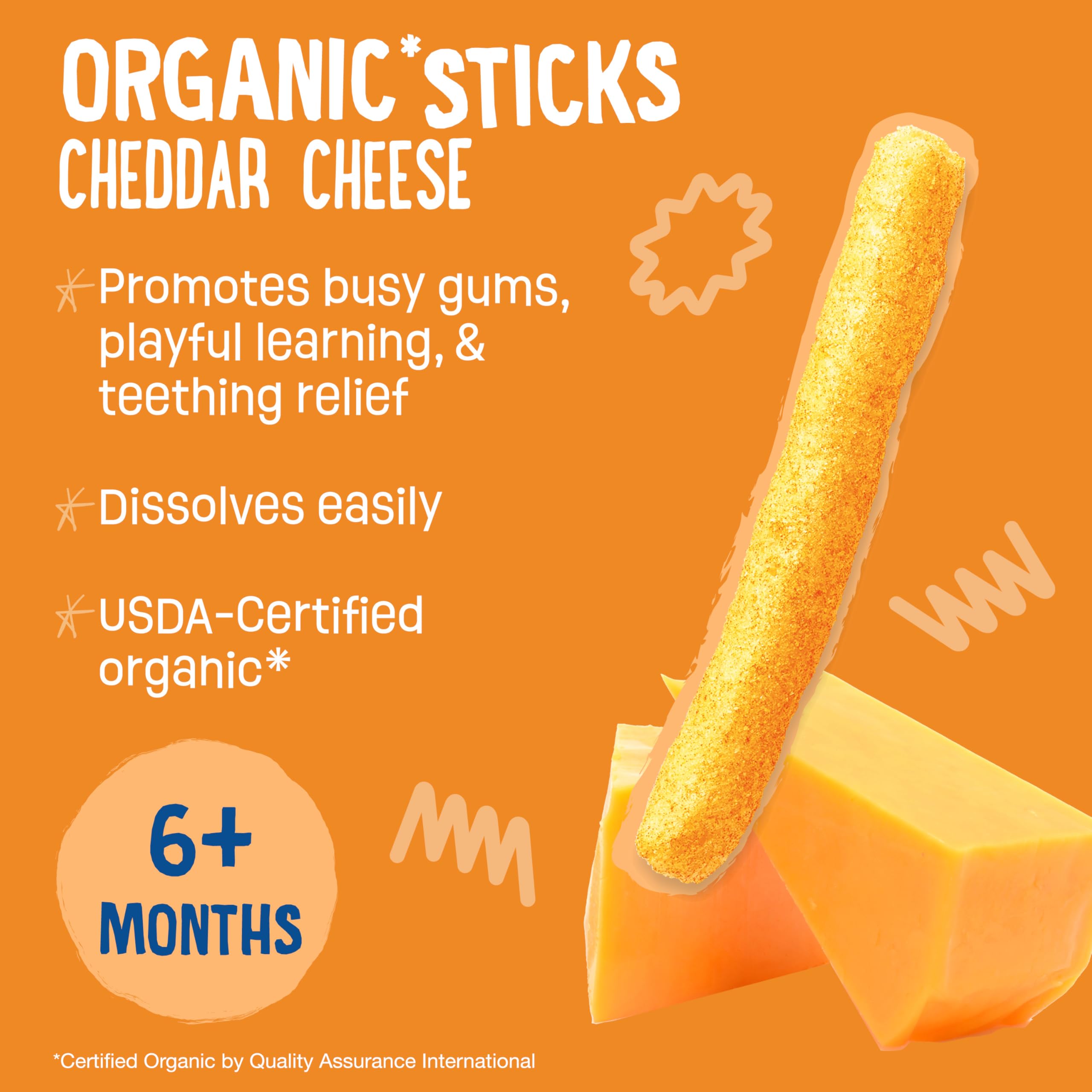 Earth's Best organic teething snack sticks in tiny hand, promotes self-feeding practice.