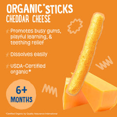 Earth's Best organic teething snack sticks in tiny hand, promotes self-feeding practice.