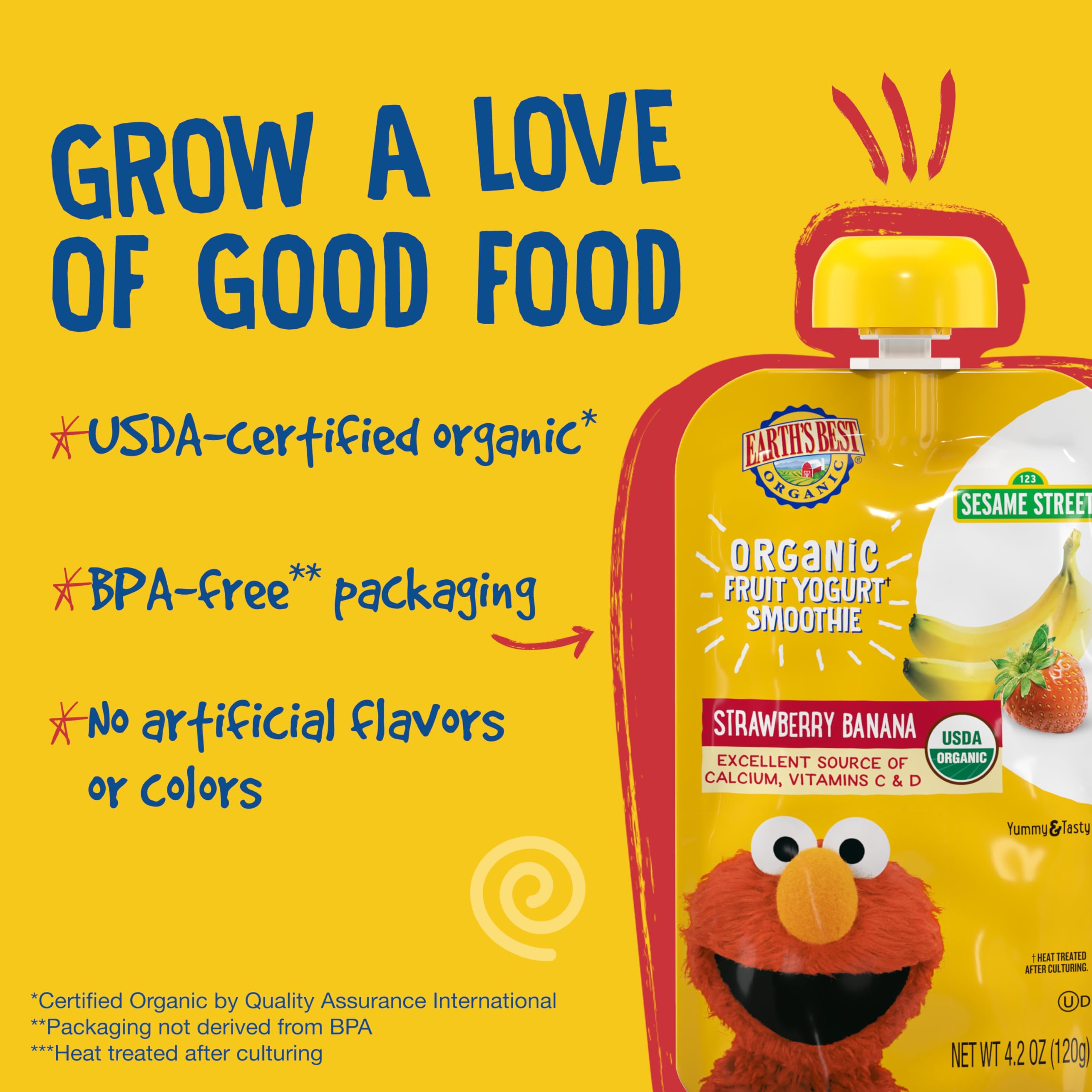 Nutrition label on Earth's Best pouch highlights vitamins C and D.