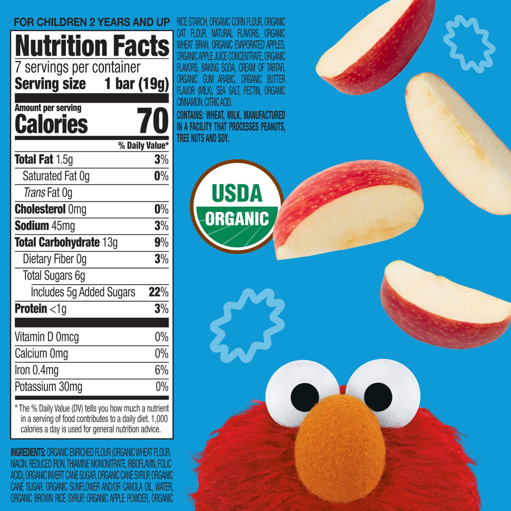 Earth's Best Sesame Street Apple Snack Bars ingredients label focus signals organic quality.