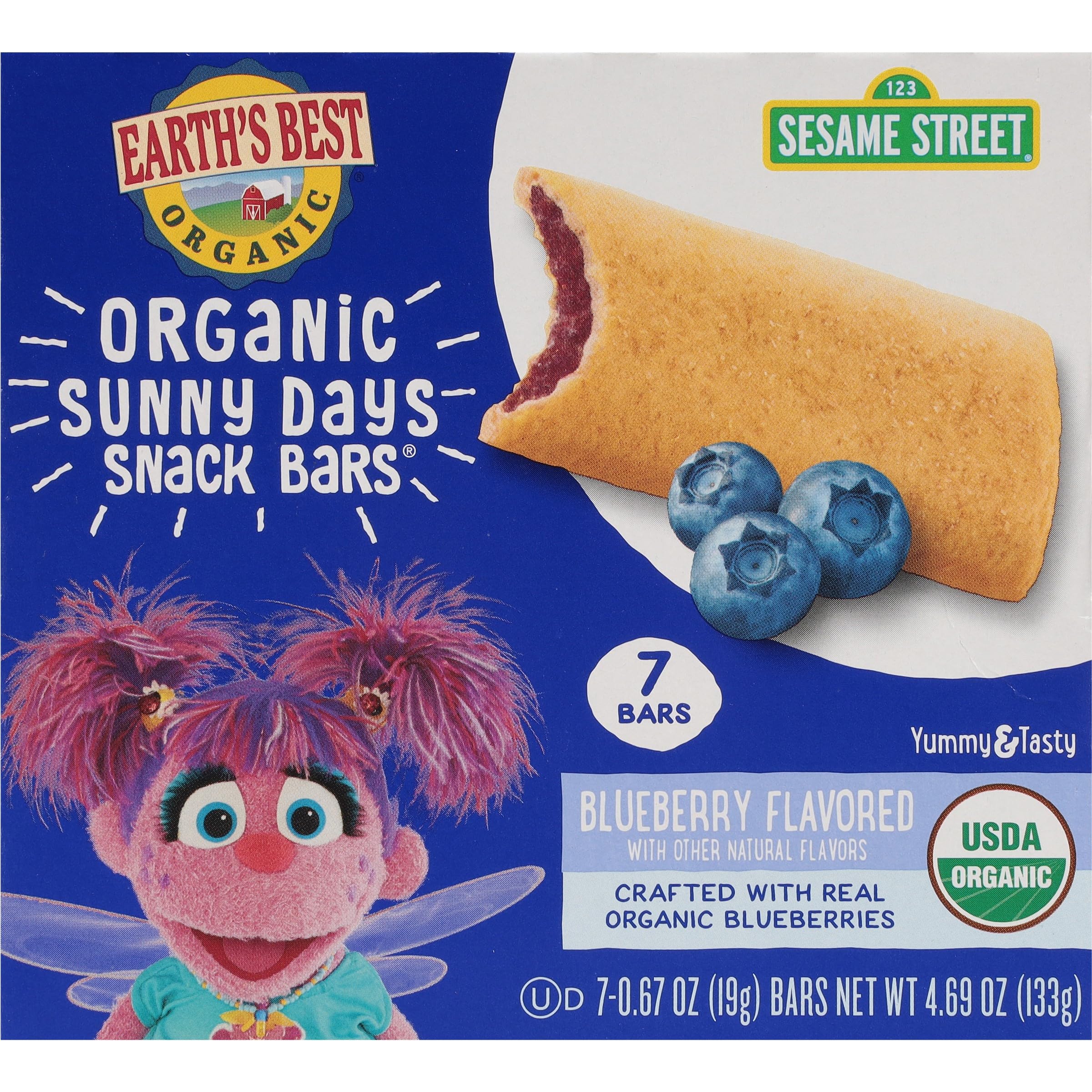 Earth's Best Sesame Street toddler snacks packaging highlights organic ingredients for on-the-go munching