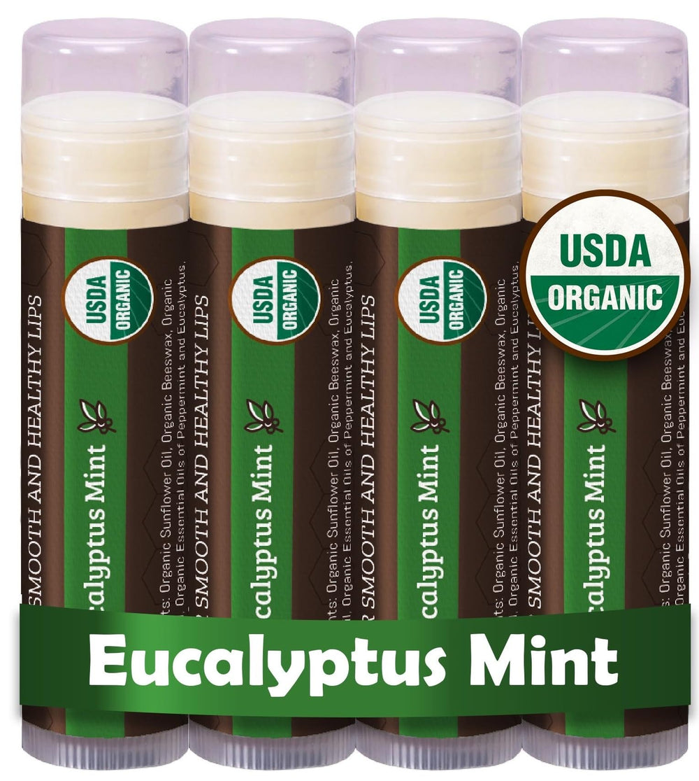 Earth's Daughter lip balm 4-pack packshot with eucalyptus mint flavor for daily moisture