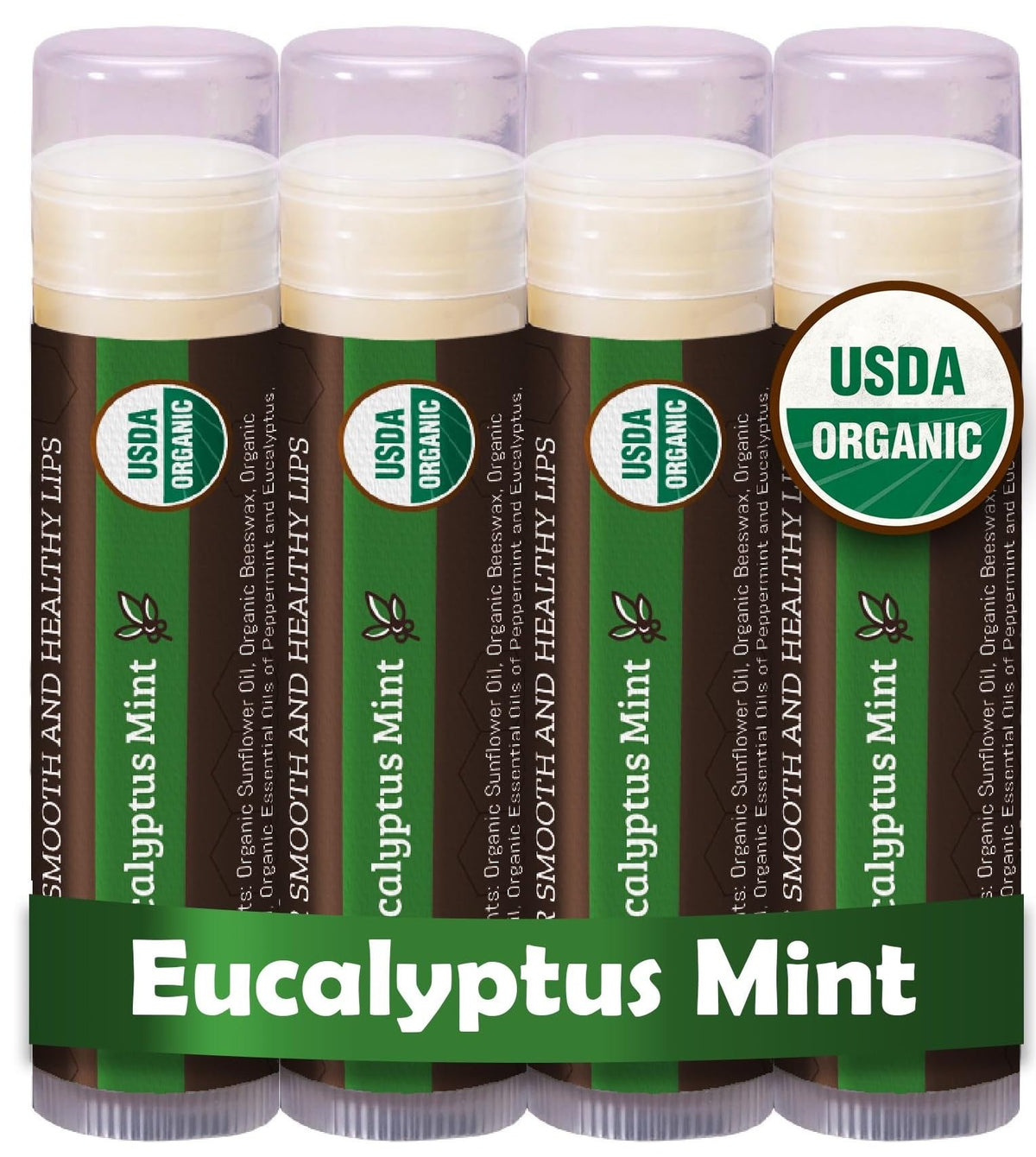 Earth's Daughter lip balm 4-pack packshot with eucalyptus mint flavor for daily moisture