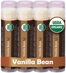 Earth's Daughter vanilla lip balm 4-pack packaging showcases eco-friendly design for easy gifting and storage.