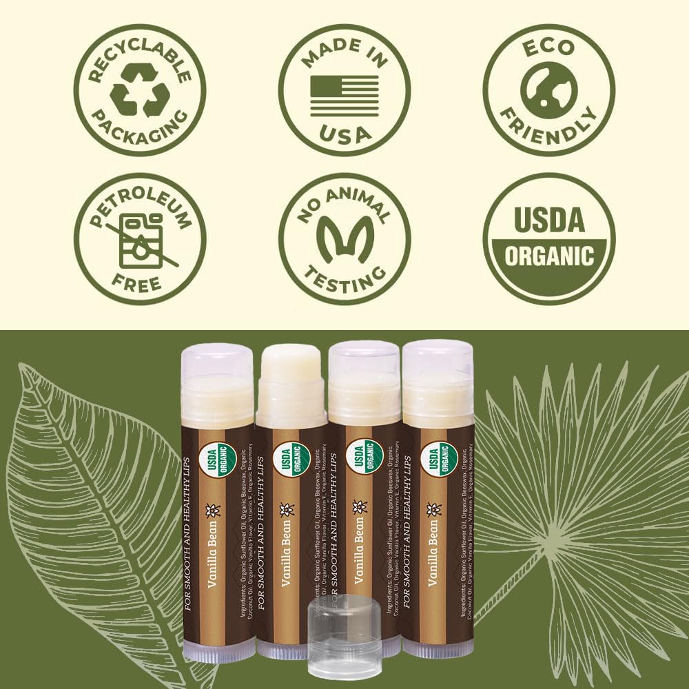 Label close-up on Earth's Daughter vanilla lip balm showing organic certification and branding.