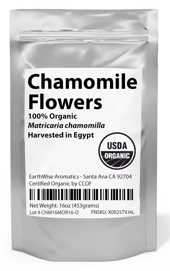 EarthWise Chamomile loose leaf tea, fragrant and soothing when brewed as a caffeine-free cup.