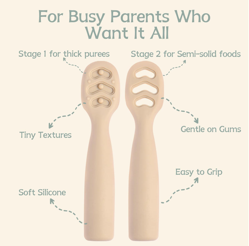 Eascrozn ergonomic-handle spoon promotes a secure grip during self-feeding.