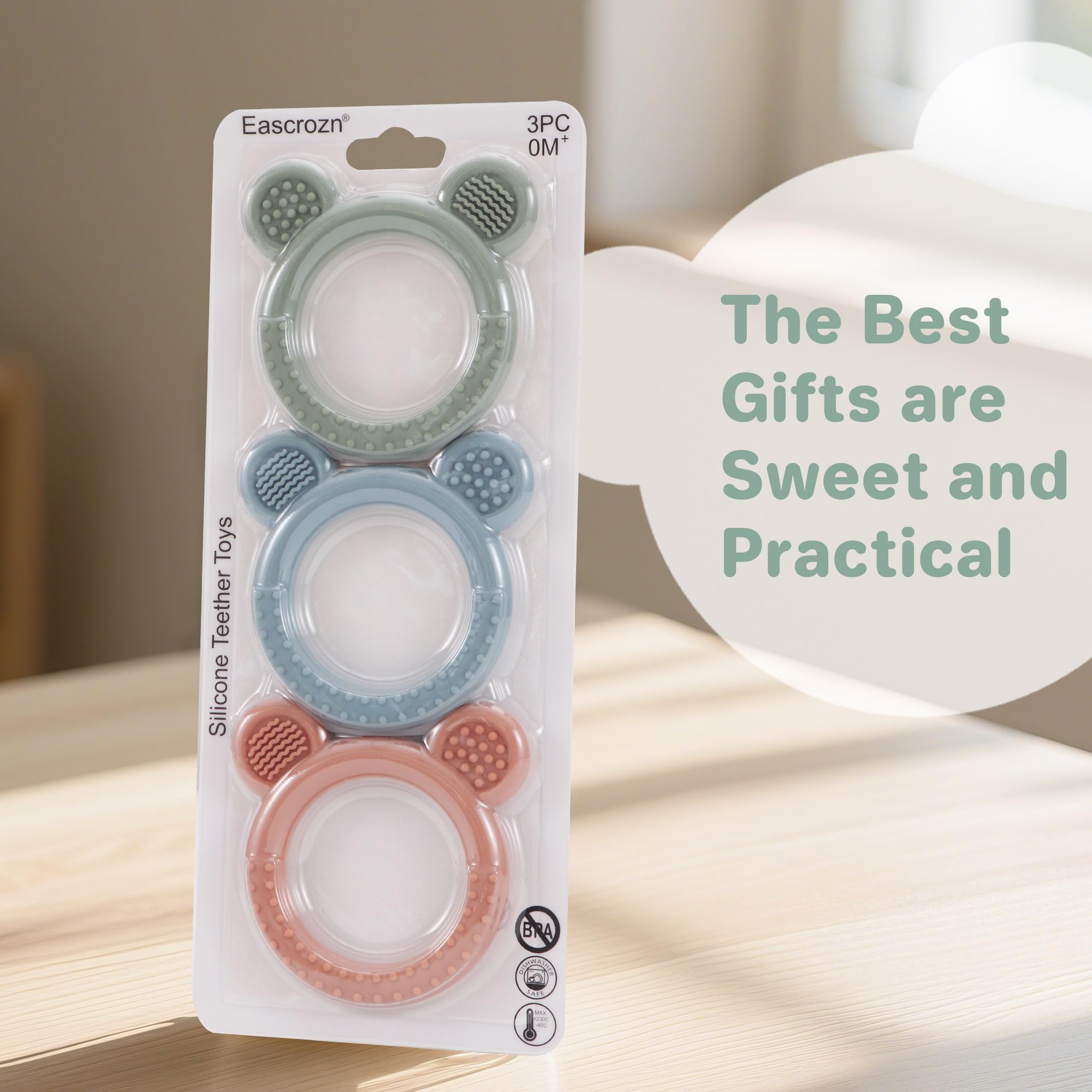 Eascrozn easy-clean teething toys: dishwasher and boil safe for quick cleanup.