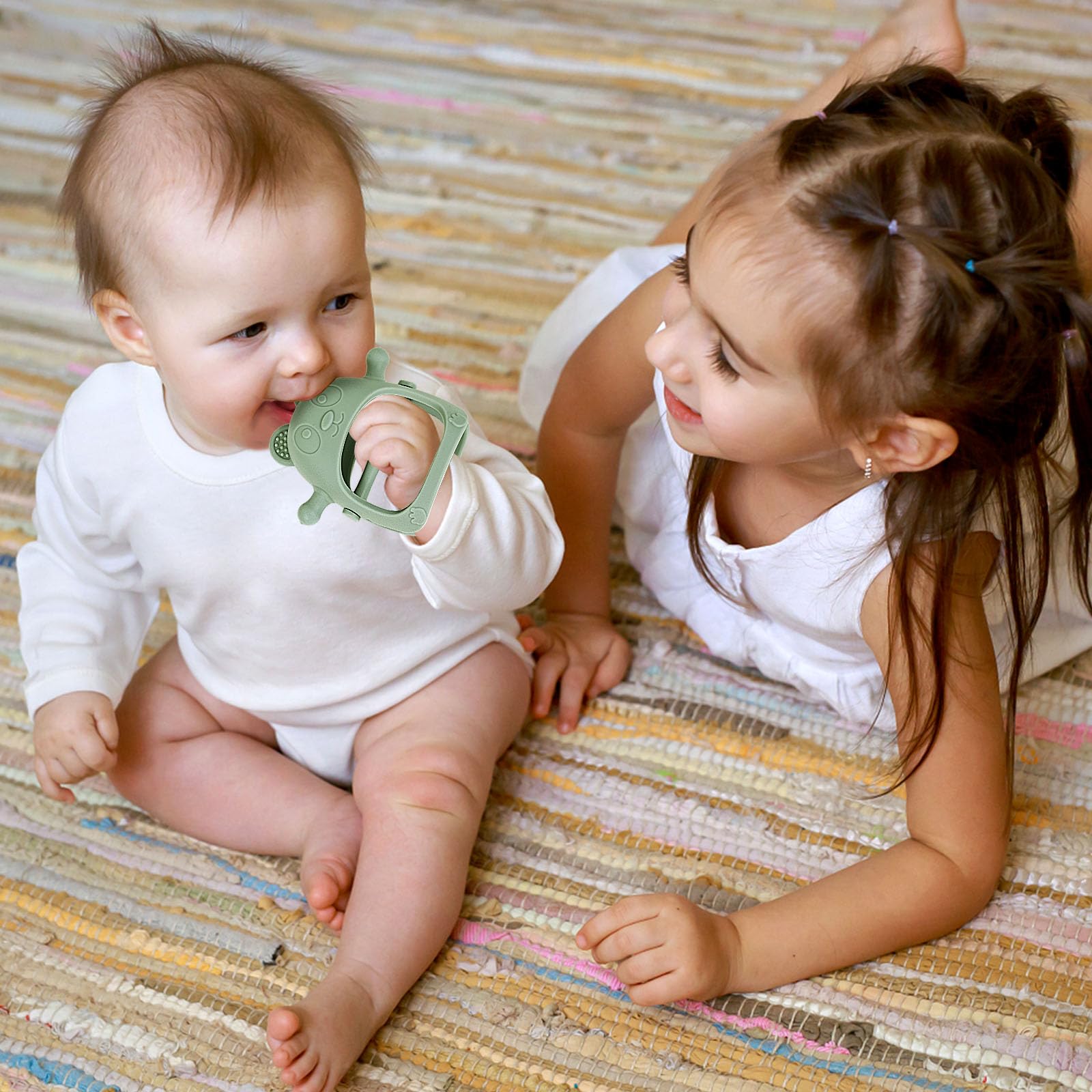 Eascrozn silicone teether is BPA and PVC free for safe teething exploration.