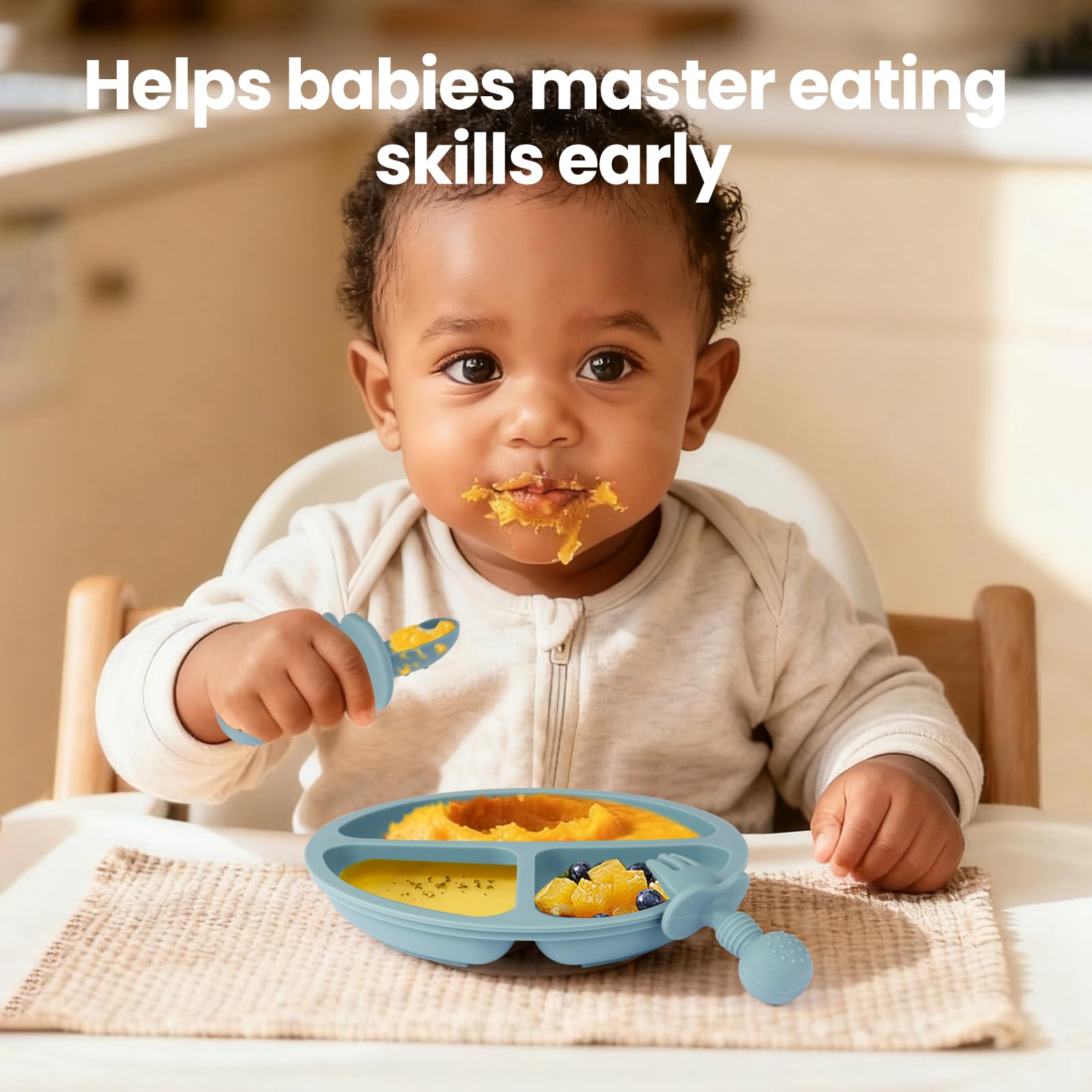 Eascrozn toddler utensils feature ergonomic handles for small hands.