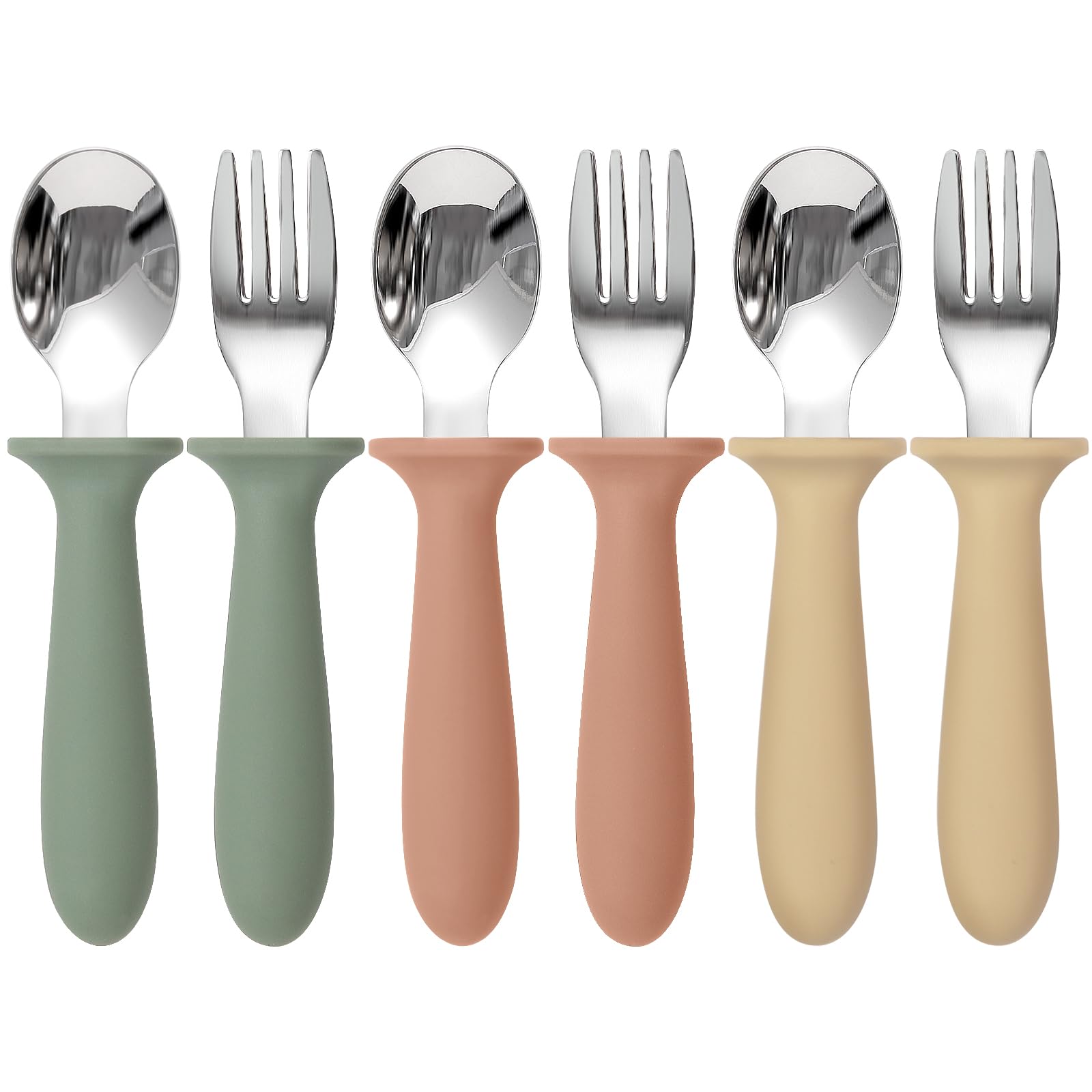 Eascrozn toddler utensils in three colors for independent eating.